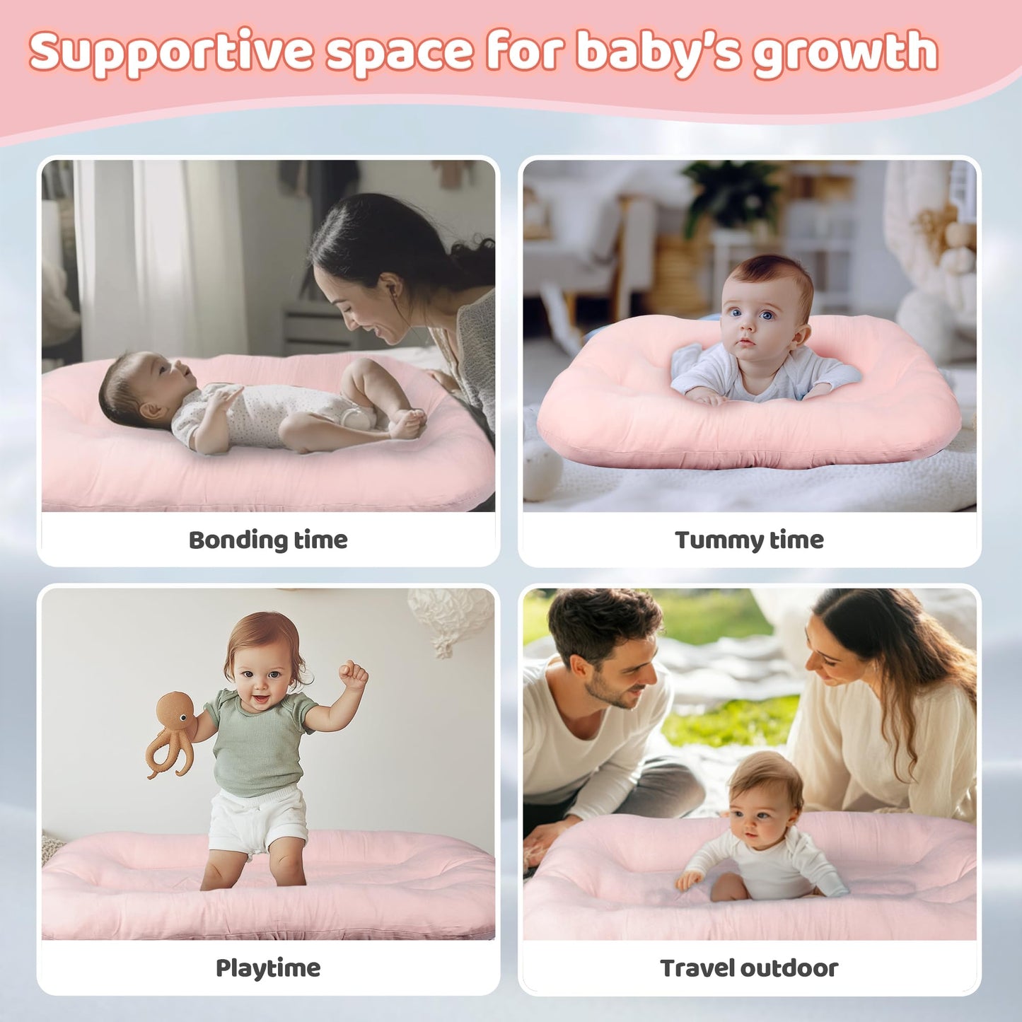 Baby Lounger - Baby Lounger for Newborn, 0-24 Months, Infant Lounger for Home and Travel, Soft Cotton, Baby Nest Lounger, Newborn Babies Essentials Gifts, Pink (Lounger Cover Included)
