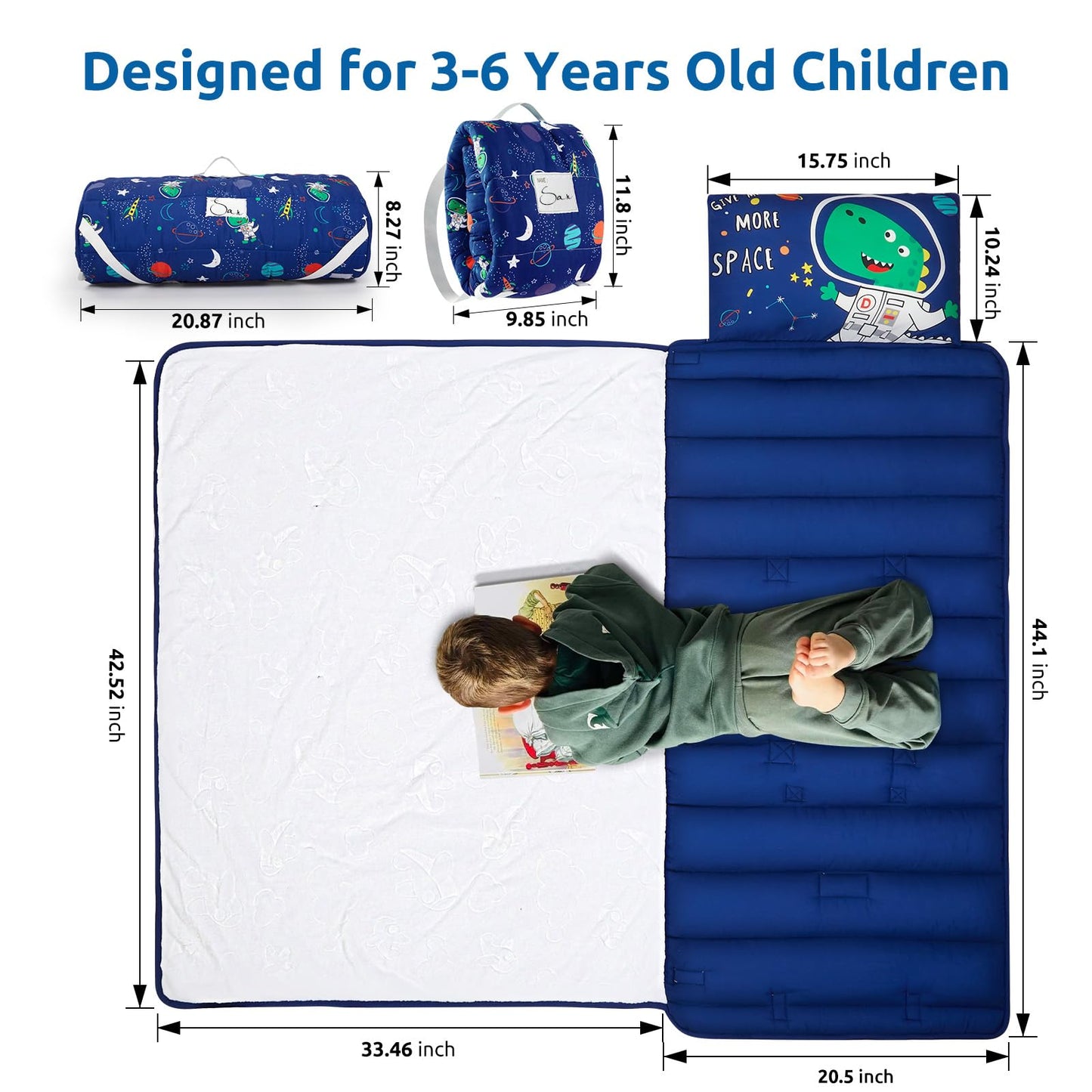 Safotad Toddler Nap Mat with Pillow and Blanket, Soft Sleeping Bag for Kids Boys and Girls, Slumber Bags Kids for Preschool, Daycare, Travel, Camping, 54" x 33" Great for Ages 3-6(Blue)
