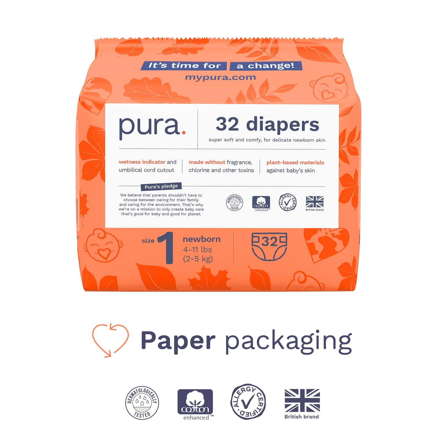 Pura Hypoallergenic Diapers, Size 1 (4-11lbs), Newborn, Totally Chlorine Free, Wetness Indicator, Suitable for Sensitive Skin, Soft Organic Cotton Comfort, Overnight, 3 Packs of 32 (96 Baby Diapers)