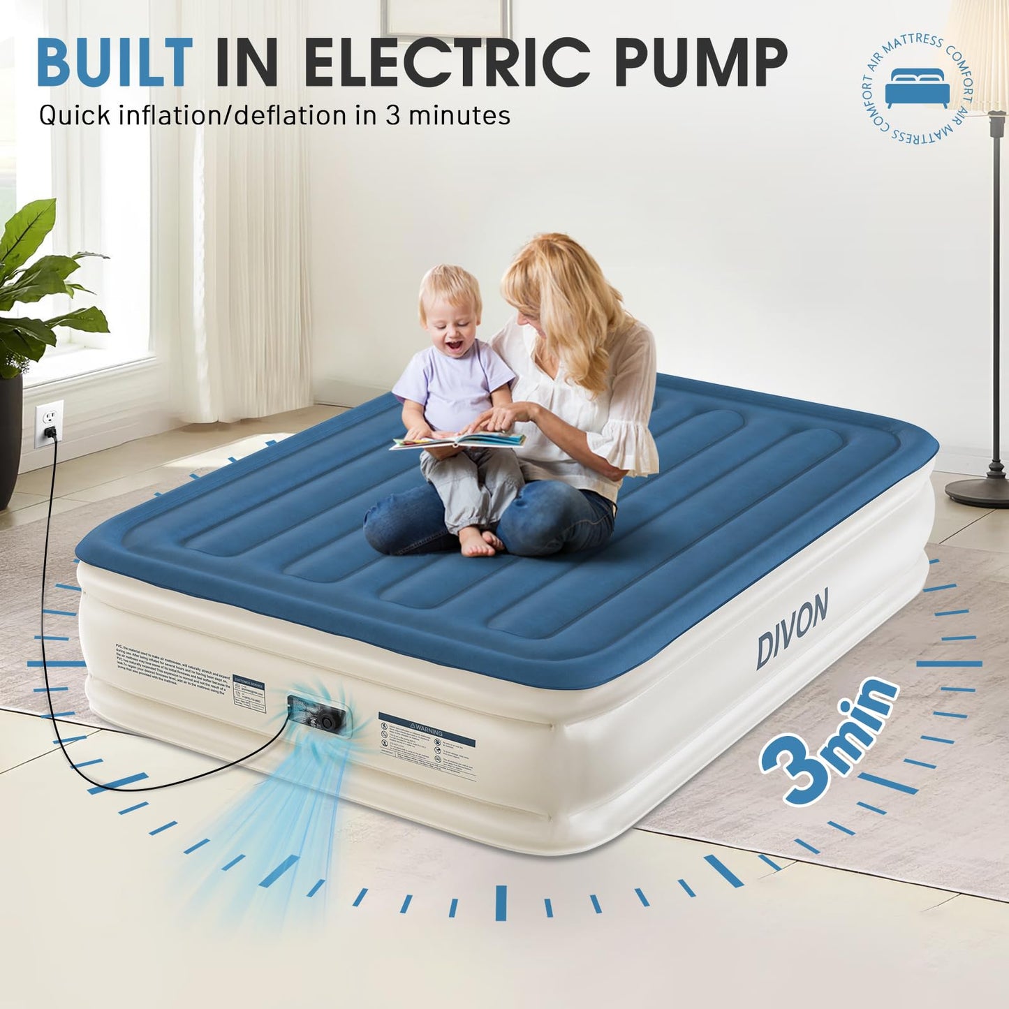 DIVON Air Mattress Queen with Built in Pump,18'' Raised Self Inflatable Mattress,Foldable Blow Up Mattress in 3 Mins,Portable Air Bed for Camping,Travel&Floor,Queen Size Air Matress for Adults,660lbs