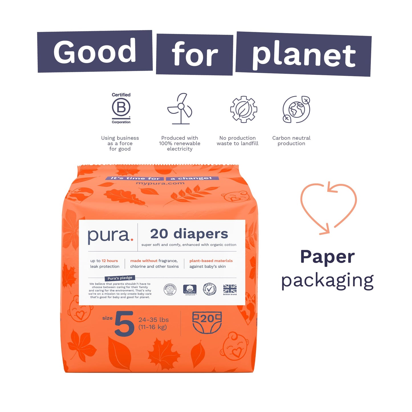 Pura Size 5 Eco-Friendly Diapers (24-35 lbs) Totally Chlorine Free (TCF), Hypoallergenic, Soft Organic Cotton, Sustainable, up to 12 Hours Leak Protection, Allergy UK, 6 Packs of 20 (120 Diapers)