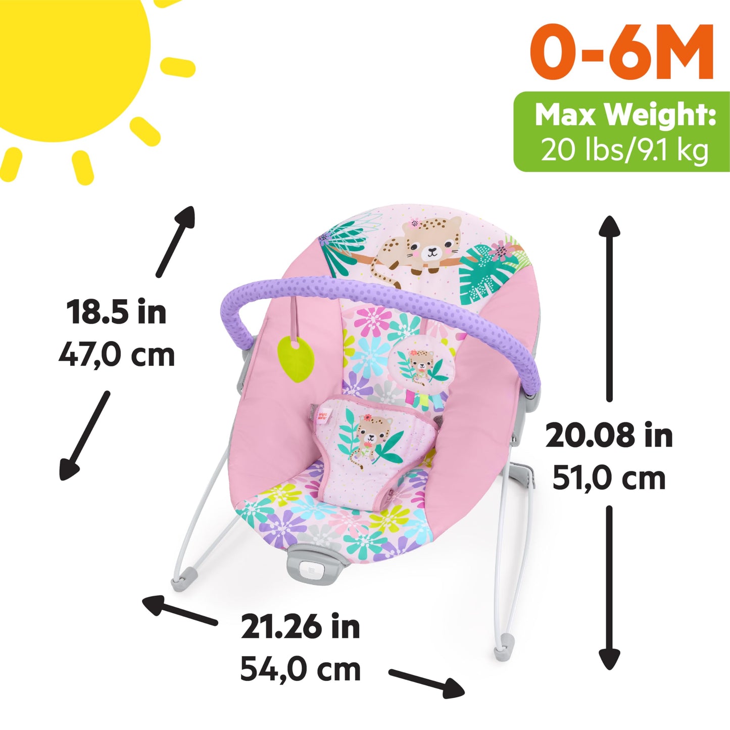 Bright Starts Pink Vibrating Baby Bouncer, Removable Toy Bar with 2 Toys, Nonslip Feet, 0-6 Months Up to 20 lbs (Wildflower Wonders)