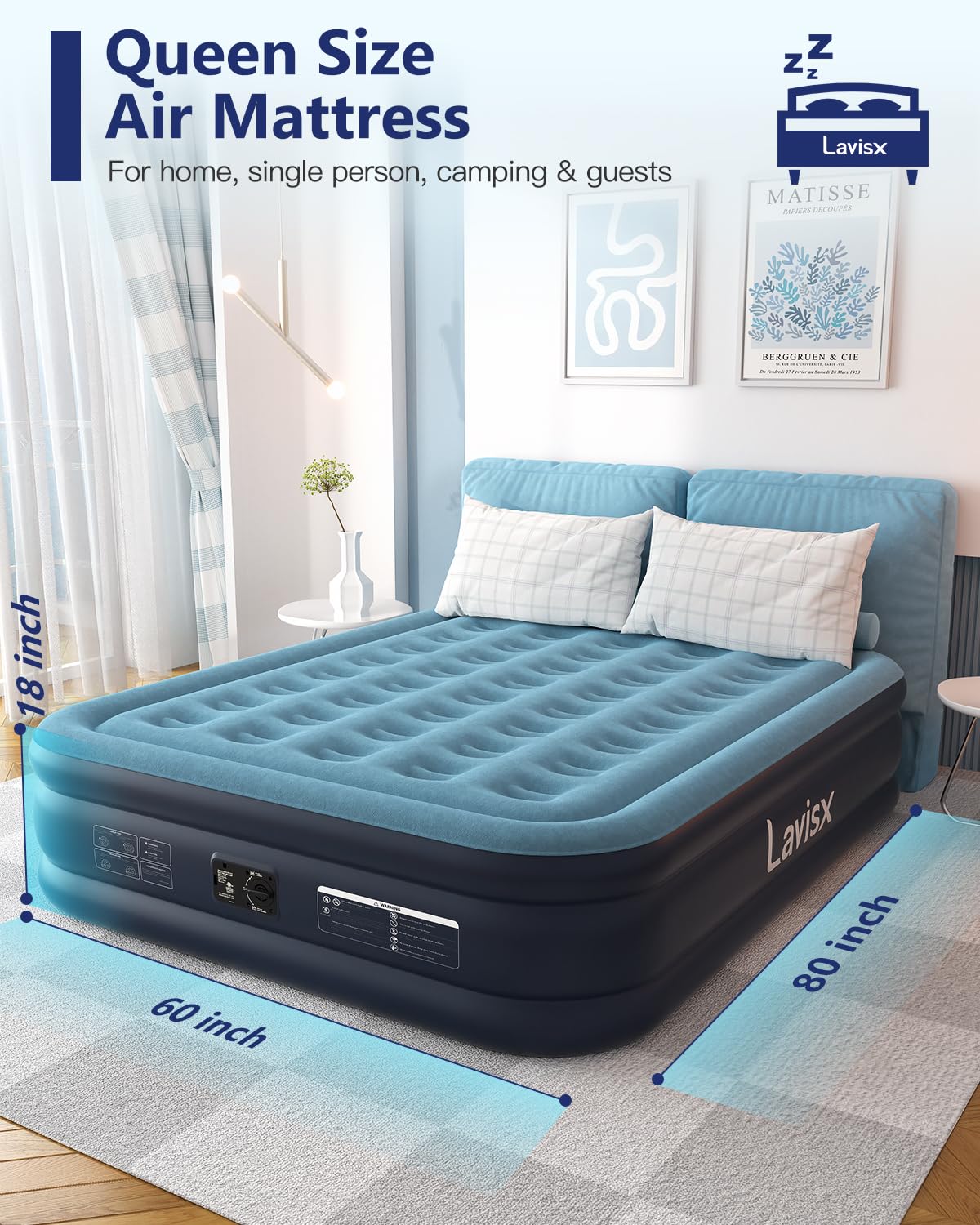 Lavisx Queen Air Mattress with Built in Pump 16" Blow Up Mattress Raised Air Bed, 3 Mins Quick Self Inflatable with Storage Bag for Guest and Home