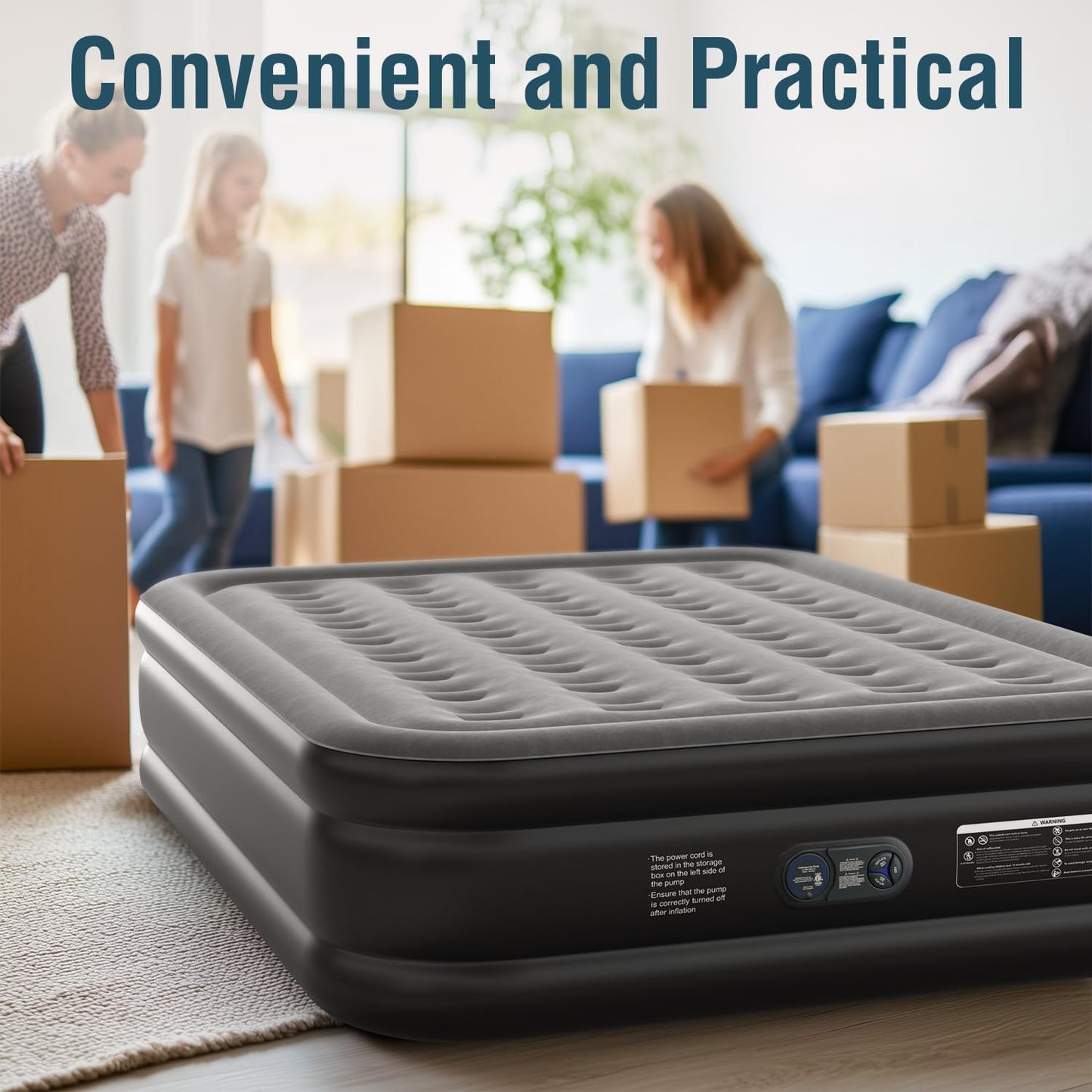 Ezyrest Queen Air Mattress Queen with Built in Pump 16" Double Height Inflatable Mattress with Soft Flocked Top & Carry Bag Adjustable Blow Up Mattress Portable Air Bed for Guest Indoor