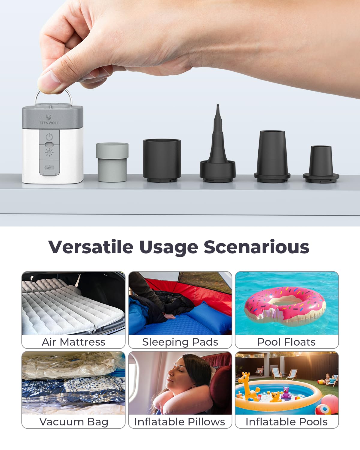 ETENWOLF AIR 3 Air Pump for Inflatables with 2600 mAh Battery & Camping Light, Ultra-Fast and Mini Electric Air Pump, Inflate Deflate for Air Mattress, Pool Floats, Vacuum Storage Bags (White)