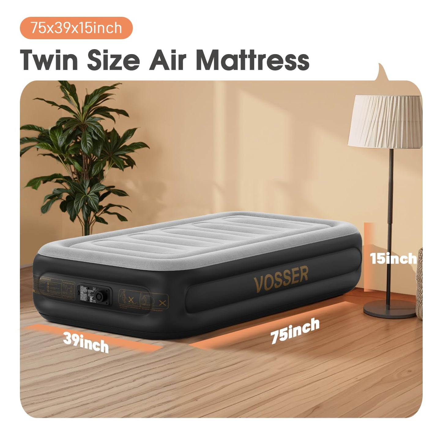VOSSER Twin Air Mattress with Built in Pump,Inflatable Mattress 2 Mins Self-Inflation/Deflation,Thicker Blow up Mattress Leak-Proof,Flocked Top Air Bed with Storage Bag for Home, Camping & Guests