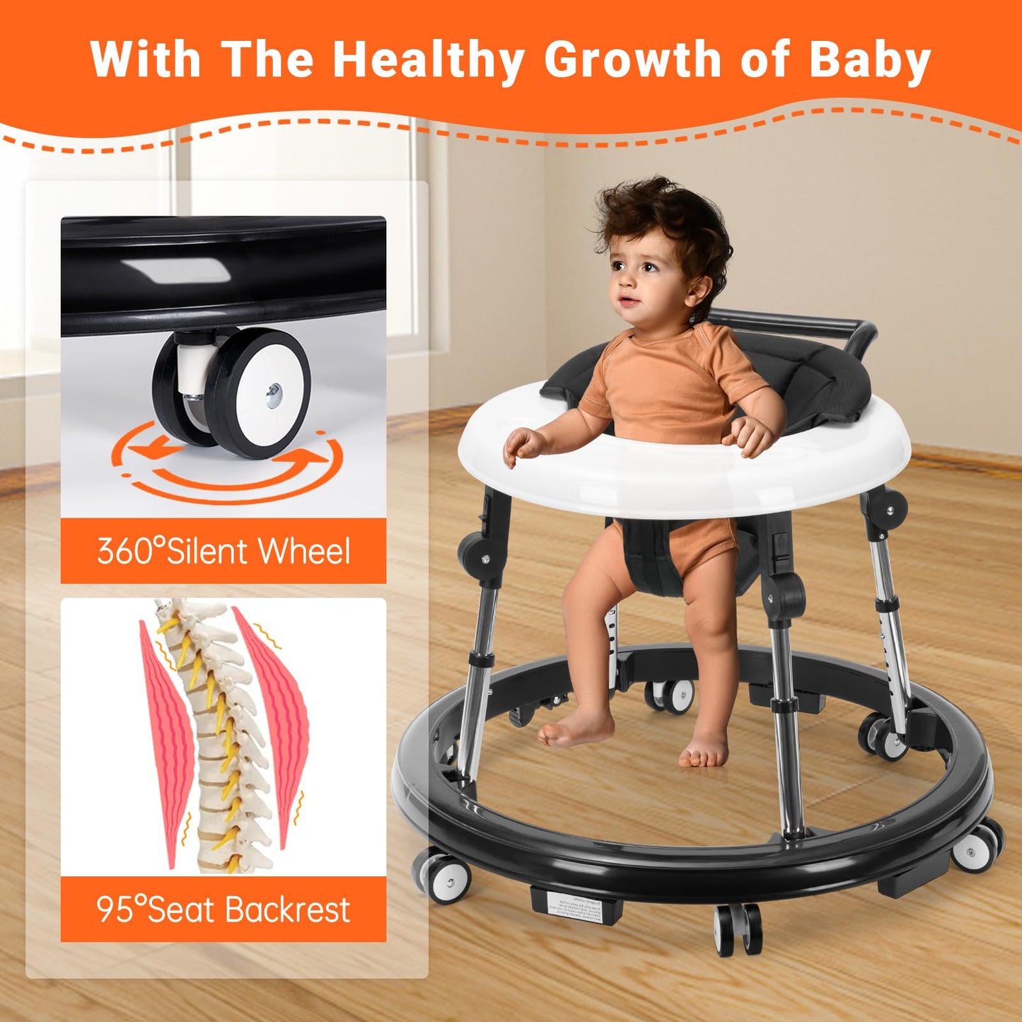 TreeCute Baby Walker Foldable with 9 Adjustable Heights, Baby Walker with Wheels Portable, Infant Toddler Walker for Baby Boy Girls 6-18 Months