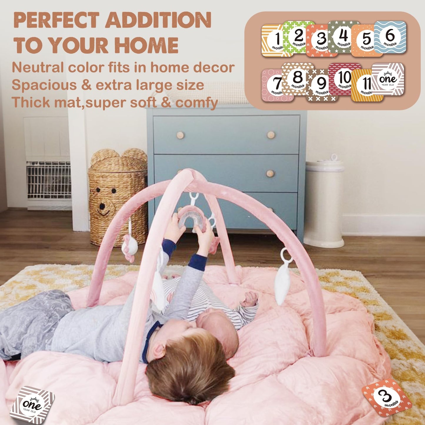 HAN-MM 5-in-1 Convertible Baby Play Gym with 6 Toys, Tummy Time Mat for Sensory Development, Baby Activity Center from Newborn to Toddler, Ball Pit, Cat & Dog Bed, Soft Plush Pet Bed, Pink