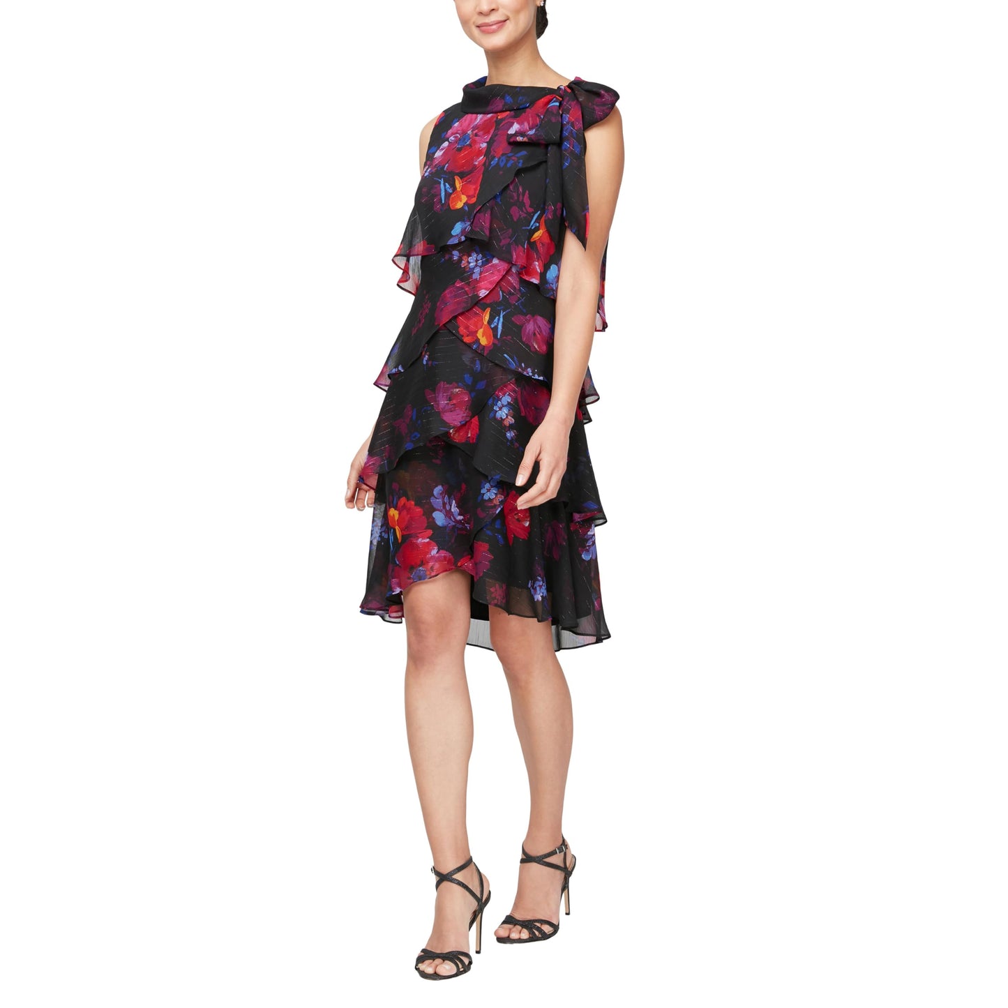 S.L. Fashions Women's Tiered Cocktail Party Dress, Wedding Guest Gown (Petite and Regular Sizes), BLK Multi