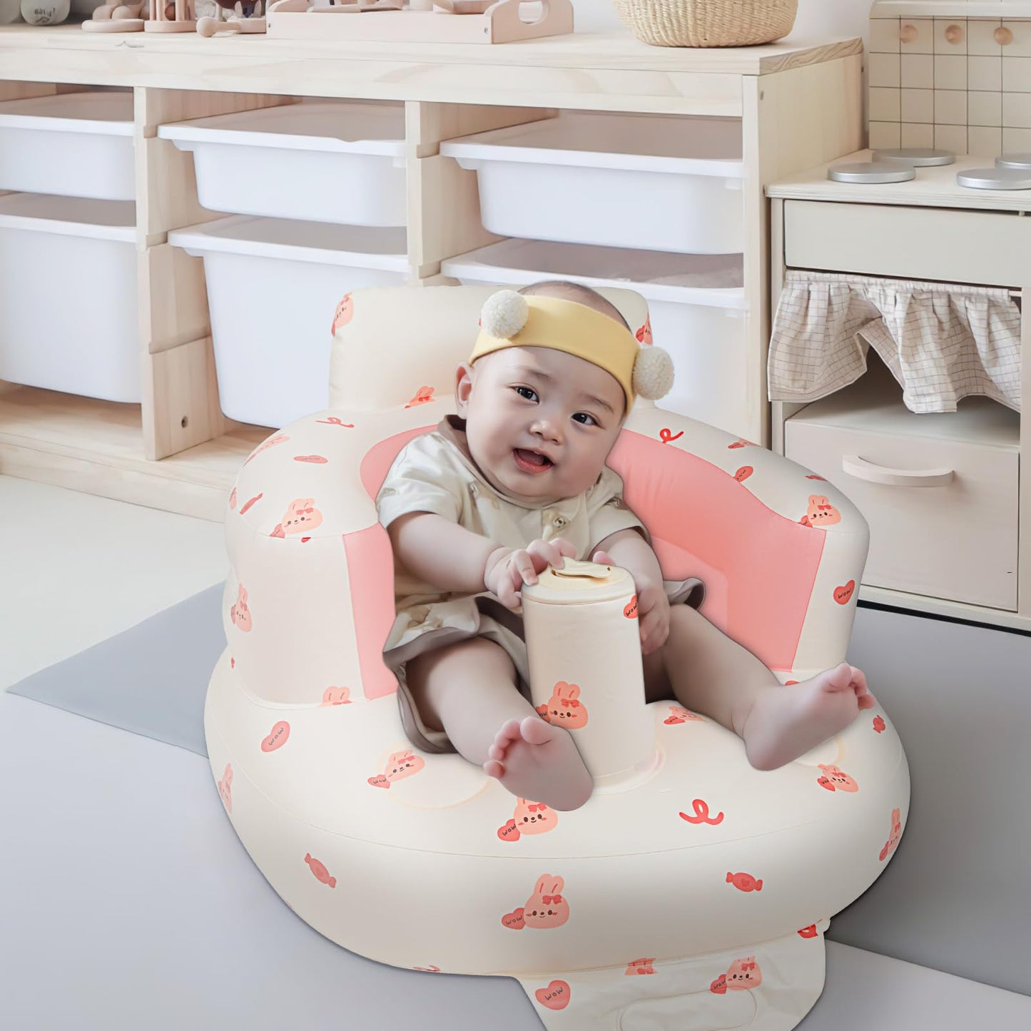 EKEPE Inflatable Baby Chair with Built in Air Pump, Sit me Up Floor Seat for Baby 3 Months & Up, Blow Up Baby Seats for for Infants for Sitting Up - Bunny