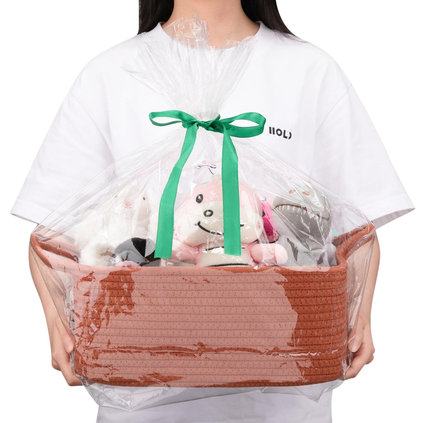 OIAHOMY Woven Basket, Gift Basket Empty with Gift Bags and Ribbons, Rope Baskets for Baby Showers, Storage Baskets with Handles for Nursery, Pet Toy Organizer - Rust Red
