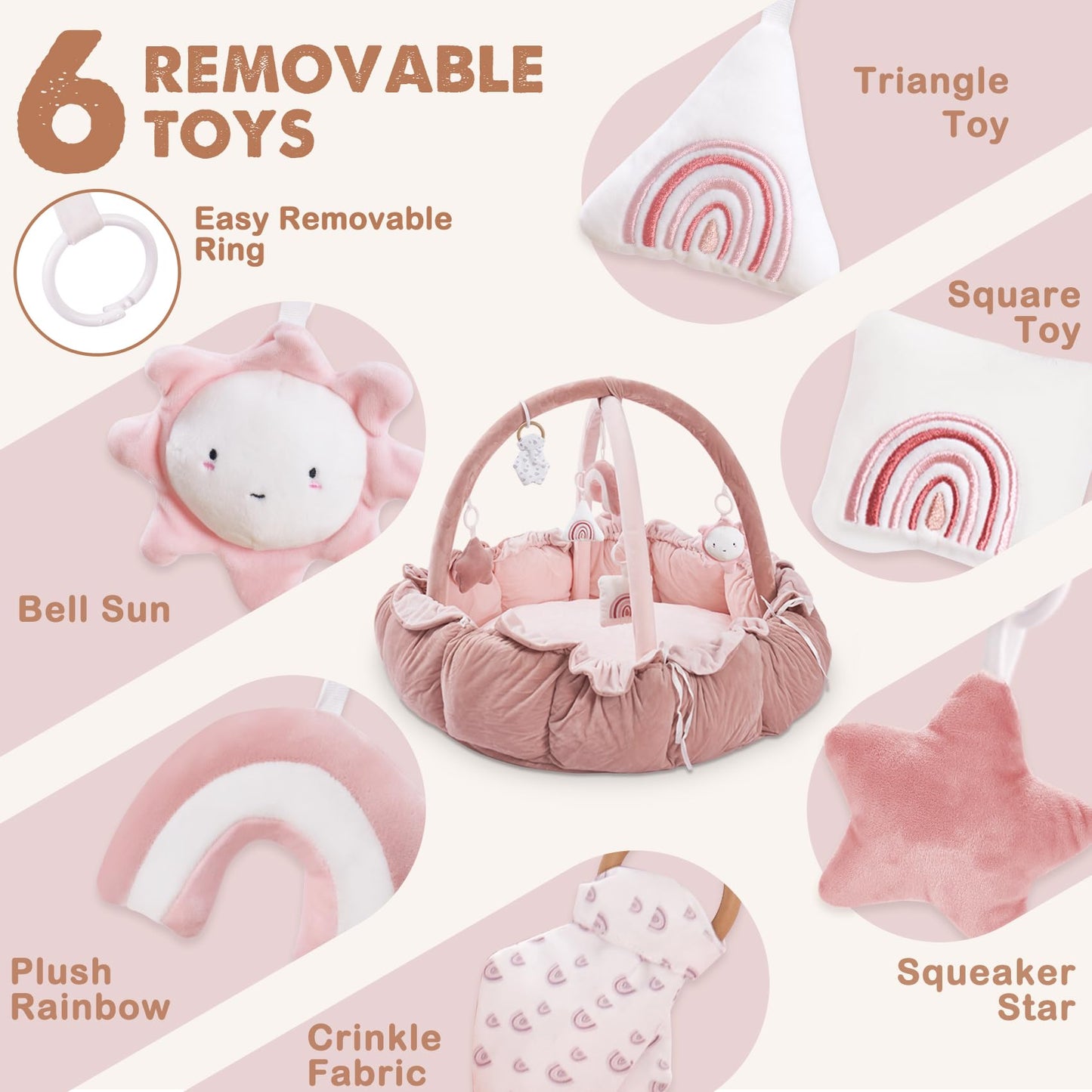 HAN-MM 5-in-1 Convertible Baby Play Gym with 6 Toys, Tummy Time Mat for Sensory Development, Baby Activity Center from Newborn to Toddler, Ball Pit, Cat & Dog Bed, Soft Plush Pet Bed, Pink