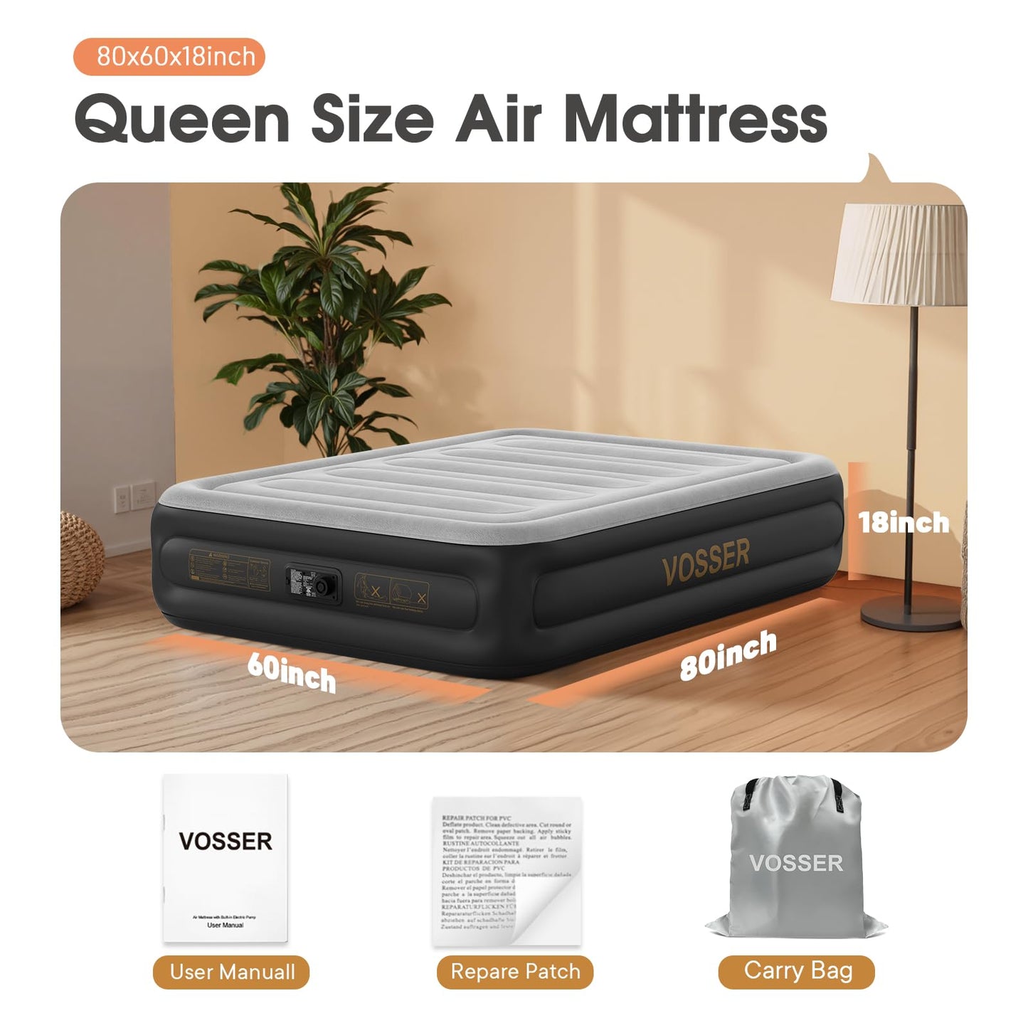 Air Mattress Queen with Built in Pump,18'' Inflatable Mattress 2 Mins Self-Inflation/Deflation,Thicker Blow up Mattress Leak-Proof,Flocked Top Air Bed with Storage Bag for Home, Camping & Guests