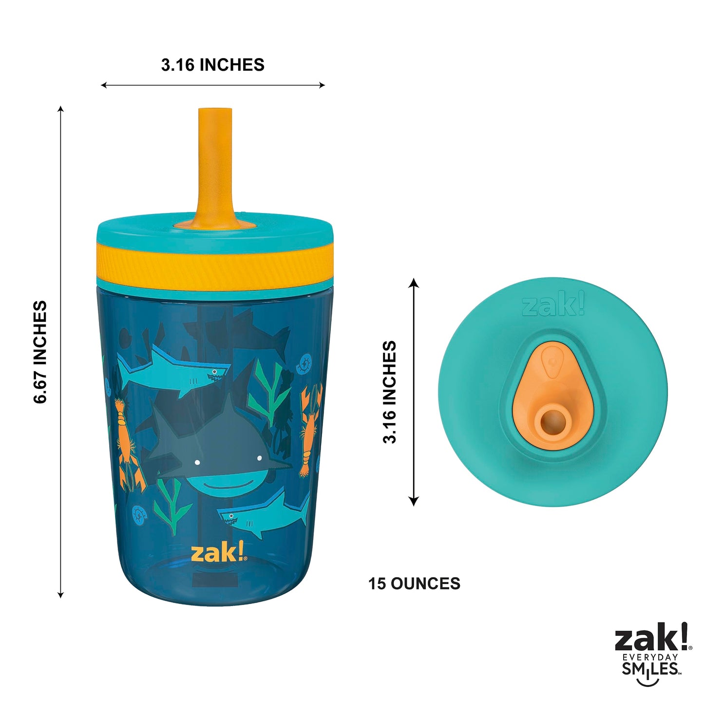 Zak Designs Kelso 15 oz Tumbler Set, (Underwater) Leak-Proof Screw-On Lid with Straw Made of Durable Plastic and Silicone, Perfect Bundle for Kids (2pc Set)