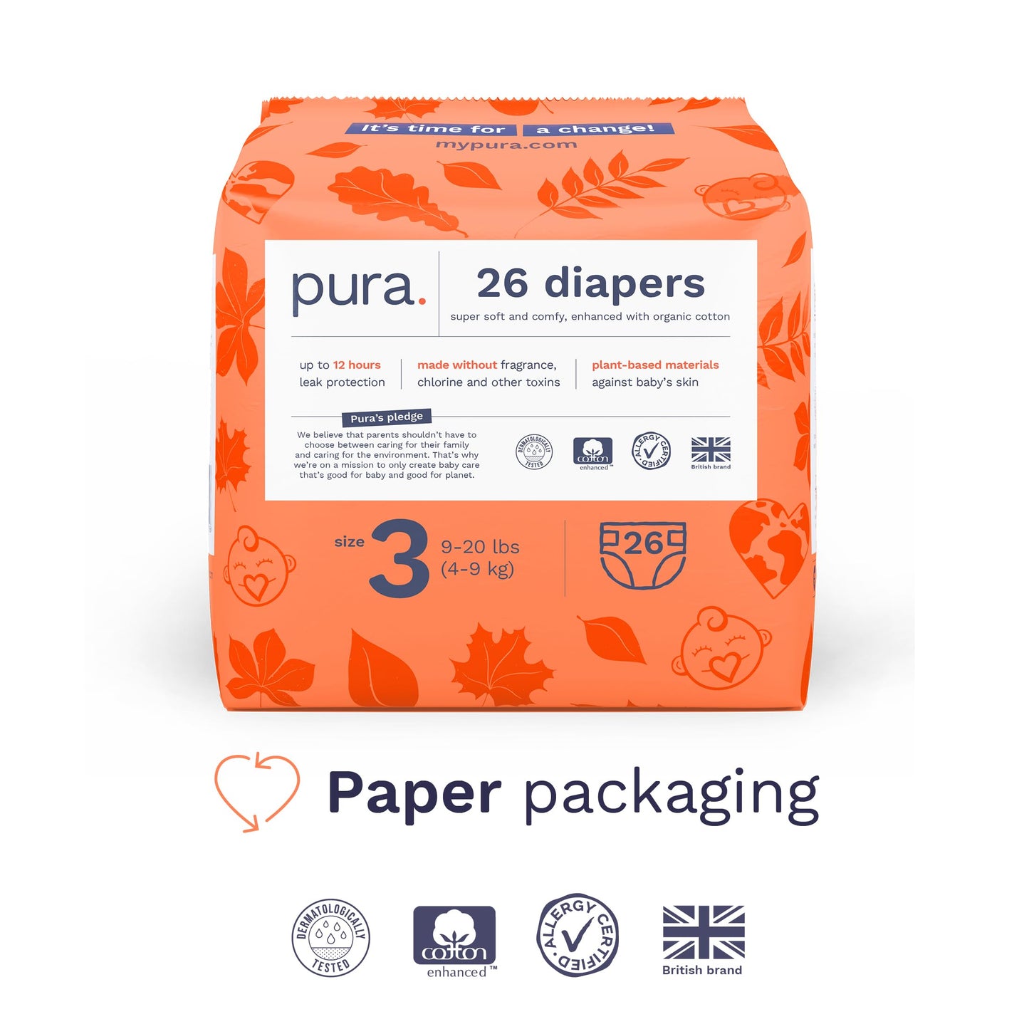 Size 3 Eco-Friendly Diapers (9-20 lbs) Totally Chlorine Free (TCF),Hypoallergenic, Soft Organic Cotton, Sustainable, up to 12 Hours Leak Protection, Allergy UK,26 Count (Pack of 3) (78 Baby Diapers)
