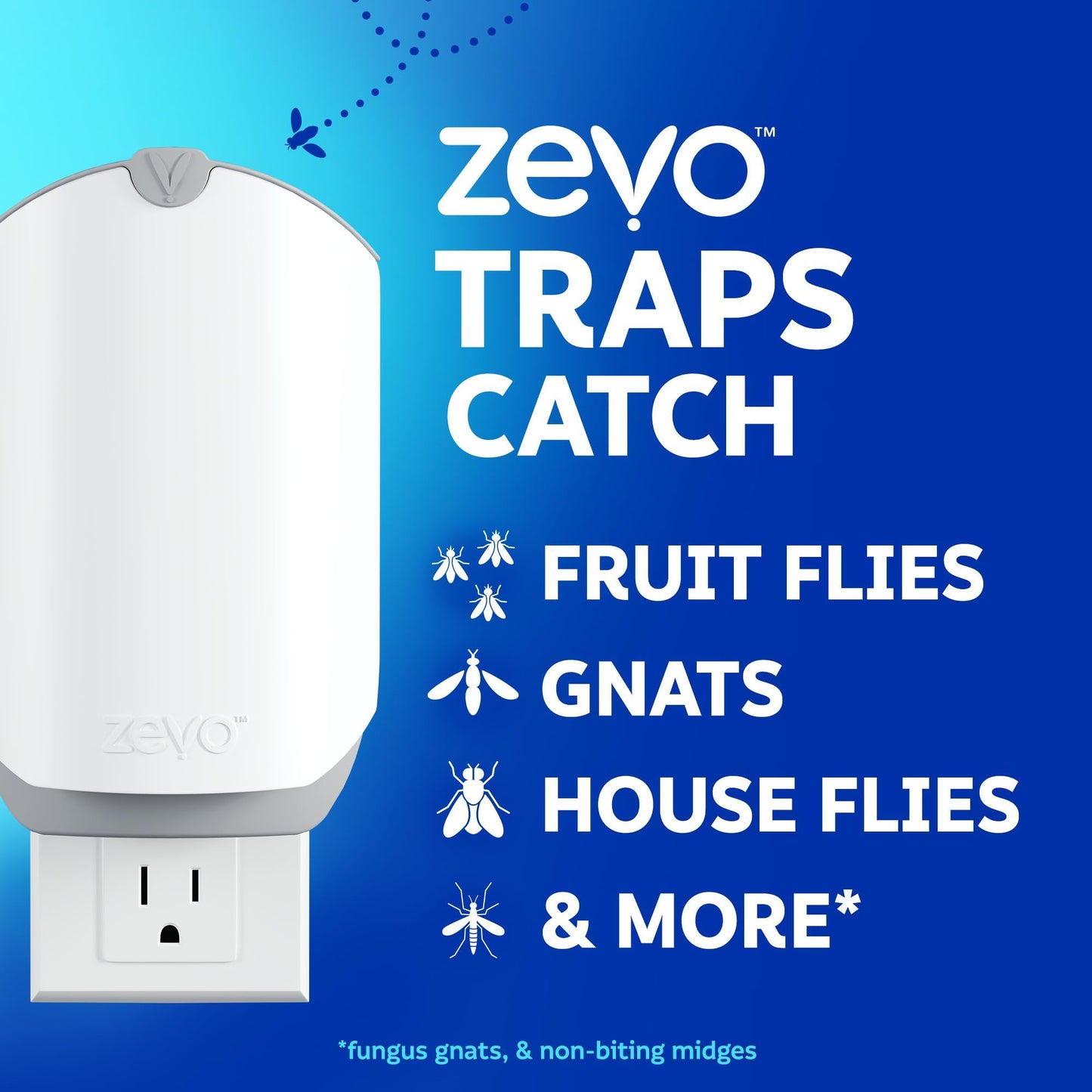 Zevo 2 Flying Insect Traps & 2 Refill Cartridges - Plug in Fly Trap & Indoor Bug Catcher for Gnats, House & Fruit Flies - Blue & UV Light Technology, Mess-Free Alternative to Bug Zapper