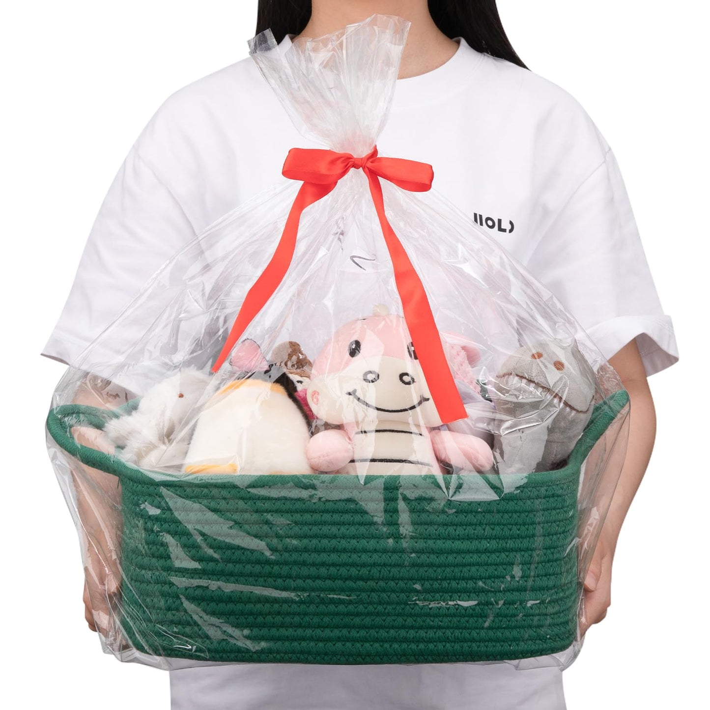 OIAHOMY Woven Basket, Gift Basket Empty with Gift Bags and Ribbons, Rope Baskets for Baby Showers, Storage Baskets with Handles for Nursery, Pet Toy Organizer - Green