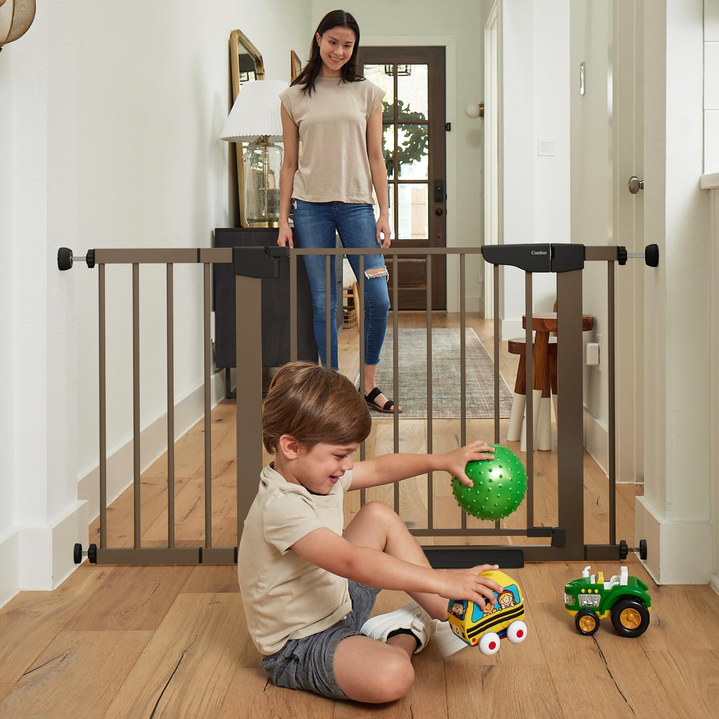 Cumbor 29.7-46" Baby Gate for Stairs, Mom's Choice Awards Winner-Auto Close Dog Gate for the House, Easy Install Pressure Mounted Pet Gates for Doorways, Easy Walk Thru Wide Safety Gate for Dog, Brown