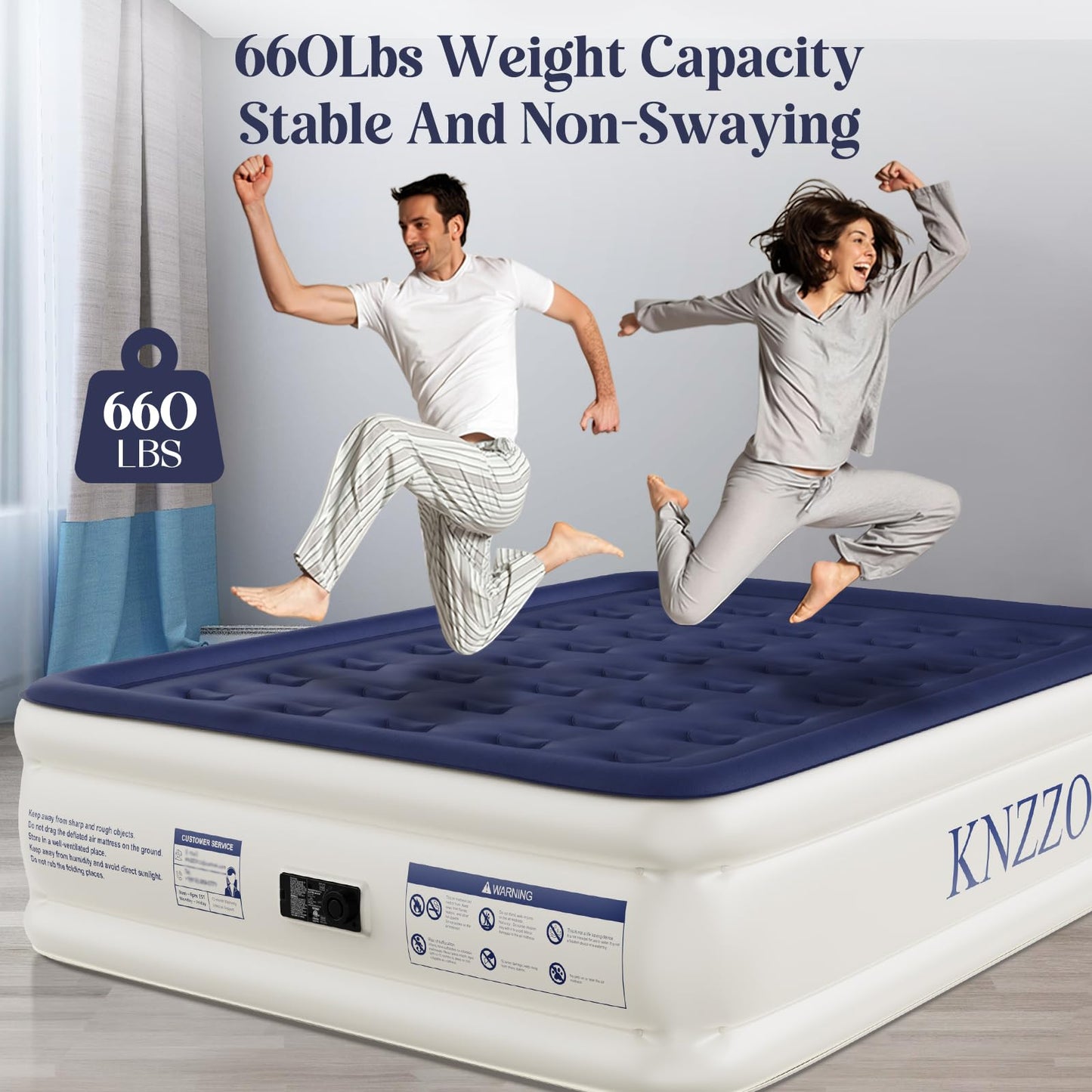 KNZZO Air Mattress Queen with Built-in Pump, Blow Up Mattress with Soft Flocked Top, Leakproof Inflatable Mattress, Foldable Waterproof Air Bed for Home, Guests, Camping, with Storage Bag