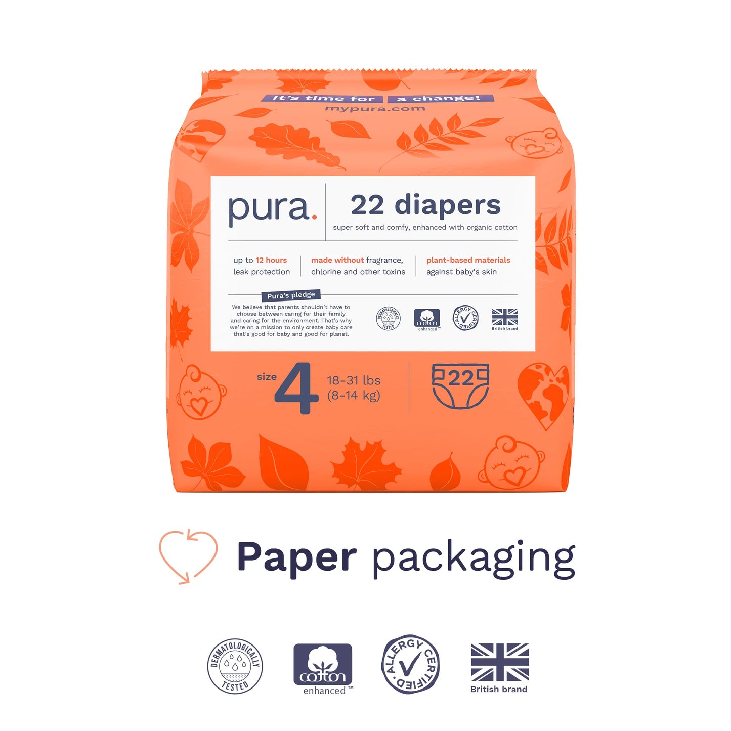 Pura Size 4 Diapers, 66 Count, Unisex, Organic Cotton, Leak-Free, Plant-Based, Dermatologically Tested, Allergy-Certified, Carbon Neutral, B-Corp
