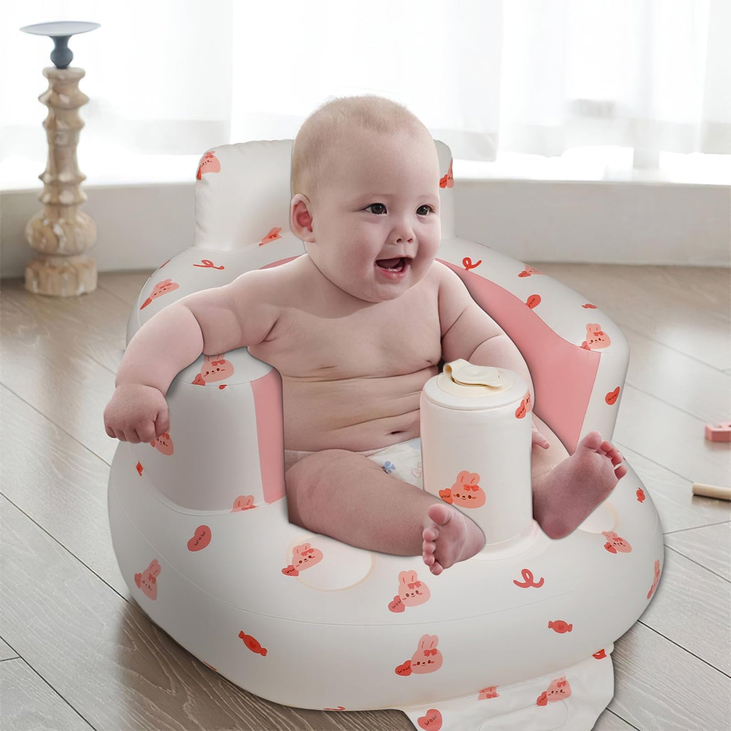EKEPE Inflatable Baby Chair with Built in Air Pump, Sit me Up Floor Seat for Baby 3 Months & Up, Blow Up Baby Seats for for Infants for Sitting Up - Bunny
