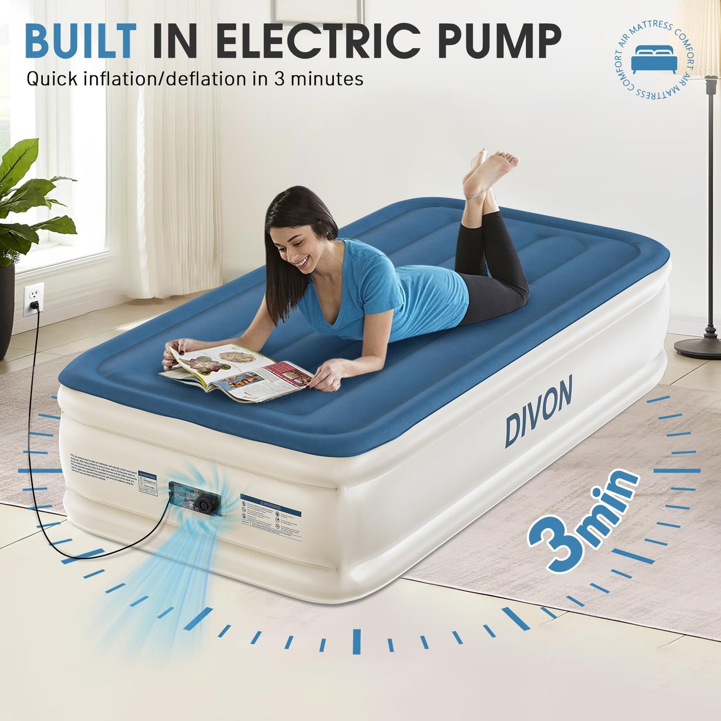 DIVON Twin Air Mattress with Built in Pump Raised,18”Single Inflatable Mattress in 2 Mins,Foldable Blow Up Mattress,Portable Twin Size Air Mattress for Camping,Travel&Floor,Air Bed for Adults,330lbs