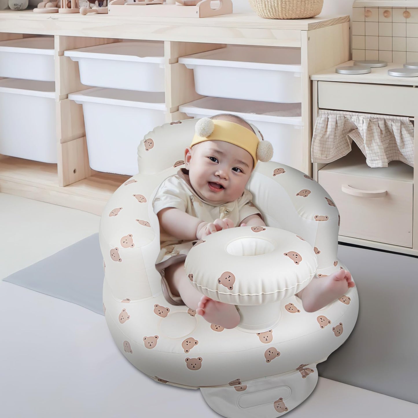 EKEPE Inflatable Baby Chair with Tray for Babies 3 Months & Up, Blow Up Baby Seat with Built in Air Pump, Sit Me Up Floor Baby Seats for Infants for Sitting Up - Bear Head with Tray