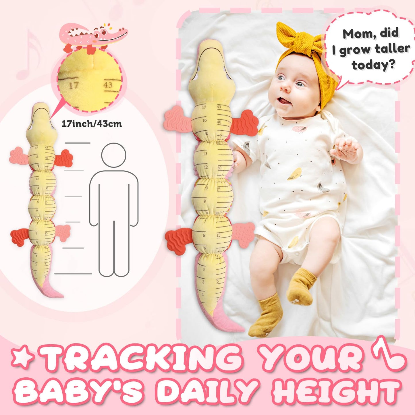 AWOTOY Baby Toys 0 to 12 Months, Musical Stuffed Animal Activity Soft Toys with Multi-Sensory Crinkle, Rattle and Textures,Infant Tummy Time Toys for Newborn Boys Girls, Crocodile, Pink