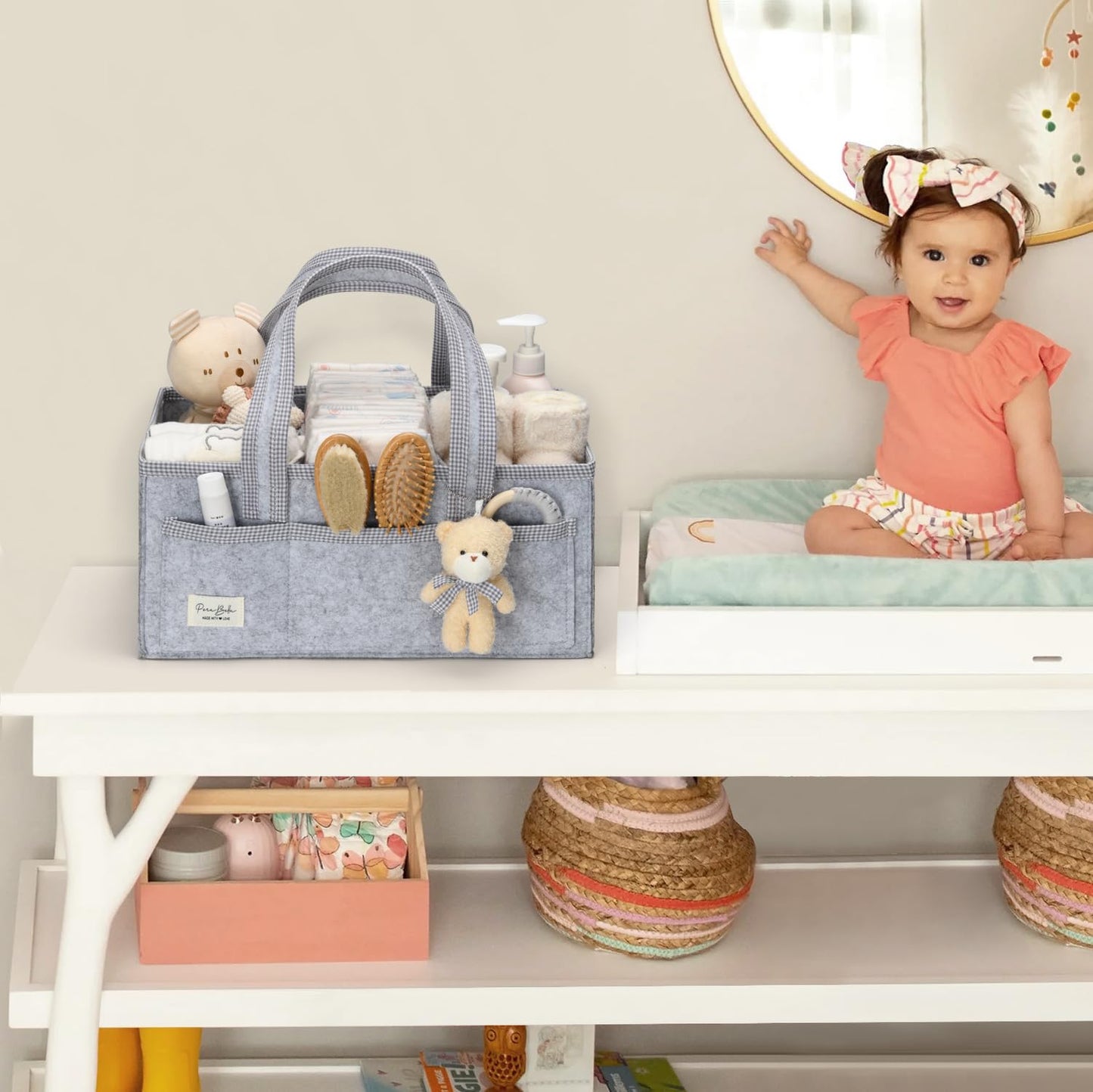 PeraBella Diaper Caddy Organizer with Handle, Baby Shower Gifts Basket Bag, Registry Search Must Haves Items, Nursery Storage Organizer for Newborn Girl Boy, Baby Bag Essentials, Car Diaper Caddy Cart