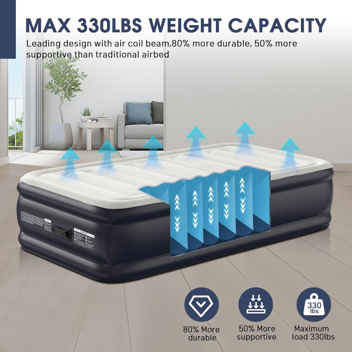 Twin Air Mattress with Built-in Pump,18''Raised Blow Up Mattress 2 Mins Self Inflation/Deflation,Upgraded Thicker Inflatable Mattress,Flocked Top Air Bed with Storage Bag for Guests,Home,Camping
