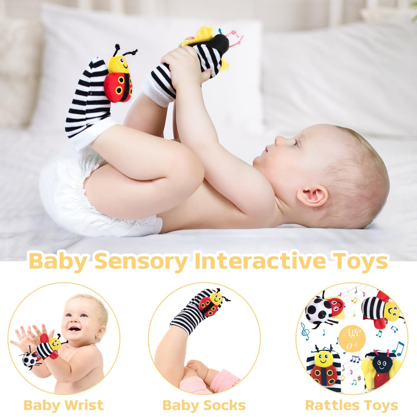 iAOVUEBY Baby Gift Set for Newborn, Bee Baby Shower Gifts Basket, High Contrast Baby Book Toys 0-6 Months Infant Rattle Socks Blanket Hat Onesie Baby Gifts Essentials for Girls Boys