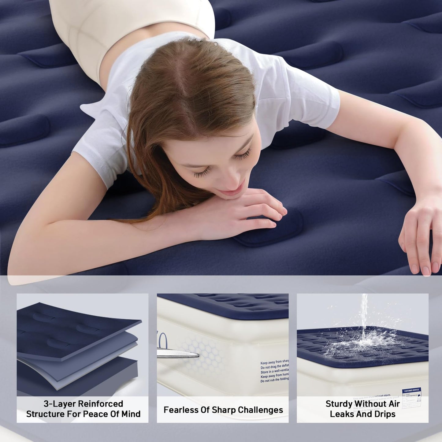 KNZZO Air Mattress Queen with Built-in Pump, Blow Up Mattress with Soft Flocked Top, Leakproof Inflatable Mattress, Foldable Waterproof Air Bed for Home, Guests, Camping, with Storage Bag
