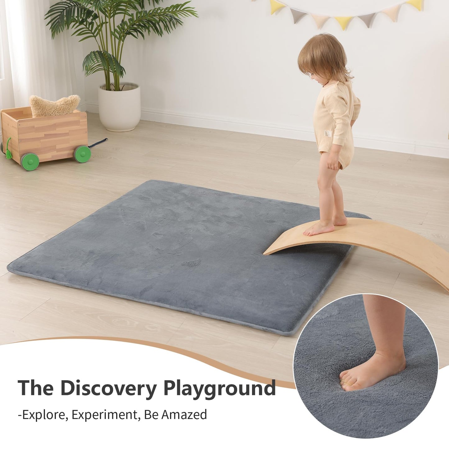 Huloo Sleep Baby Play Mat for Floor,1.3" Thick Elasti-Foam 50"×50" Playpen Mat for Tummy Time,Water Repellent Soft Coral Velvet for Toddler,Infant,Kids,Non-Slip Backing Safe for Crawling(Dark Grey)