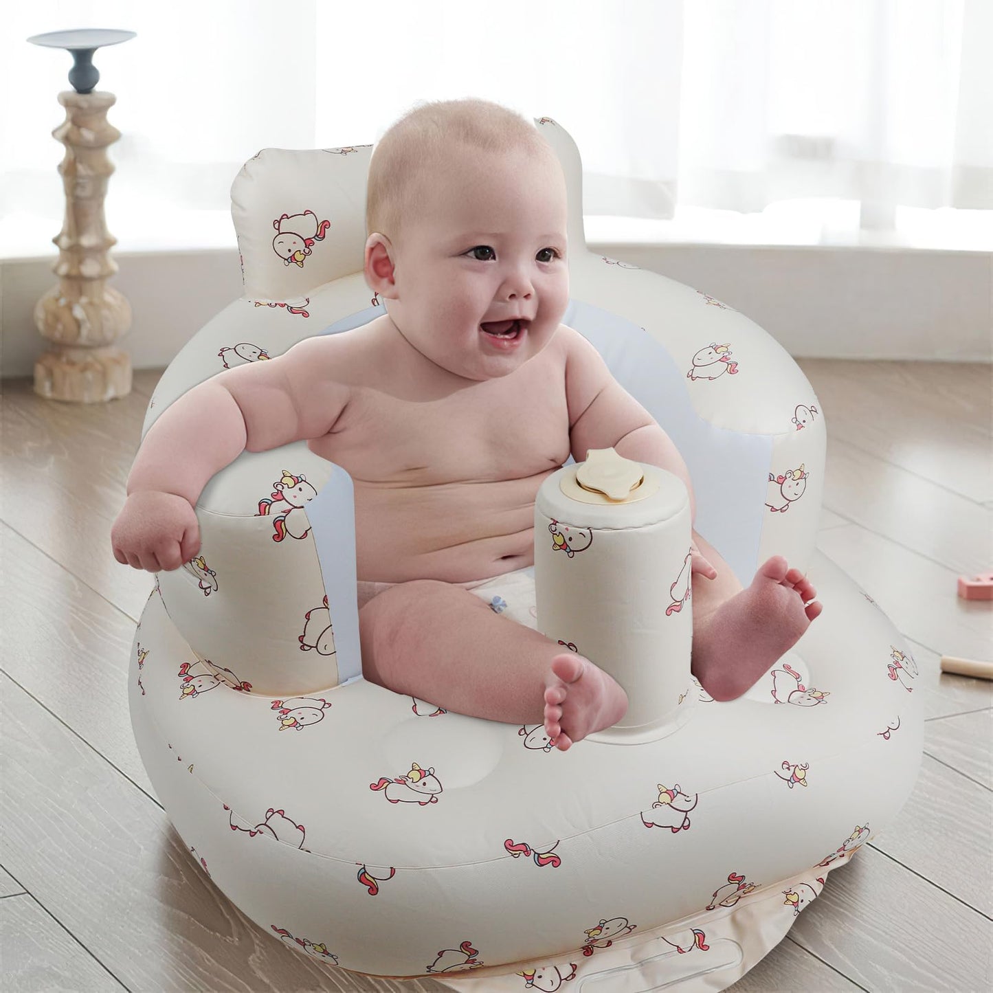 EKEPE Inflatable Baby Seat with Built in Pump for Babies 3 Months & Up, Baby Floor Seats for Sitting Up, Blow Up Baby Chair for Infants - Unicorn
