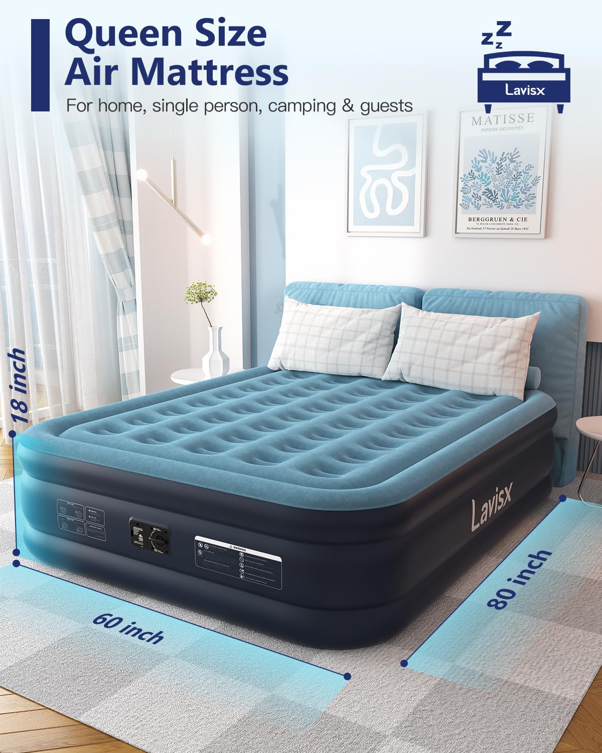 Lavisx Queen Air Mattress with Built in Pump 18" Blow Up Mattress Raised Air Bed, 3 Mins Quick Self Inflatable with Storage Bag for Guest and Home