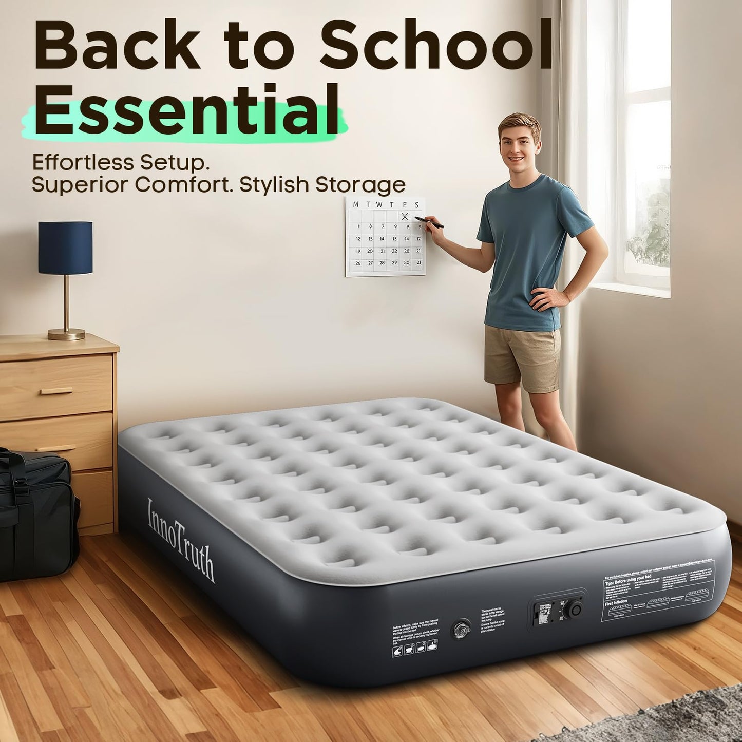 InnoTruth Queen Camping Air Mattress with Built-in Pump, Inflatable Blow up Mattress for Home & Guests, 13" Raised Colchones Inflables Air Bed, Ideal for Travel, Outdoor, Back to School Supplies, Grey