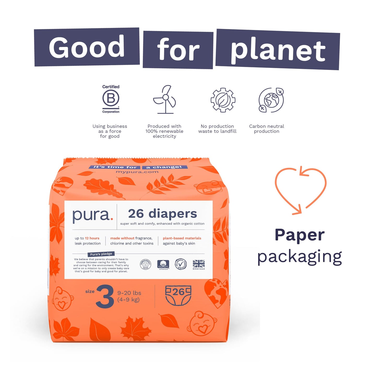 Size 3 Eco-Friendly Diapers (9-20 lbs) Totally Chlorine Free (TCF),Hypoallergenic, Soft Organic Cotton, Sustainable, up to 12 Hours Leak Protection, Allergy UK,26 Count (Pack of 3) (78 Baby Diapers)