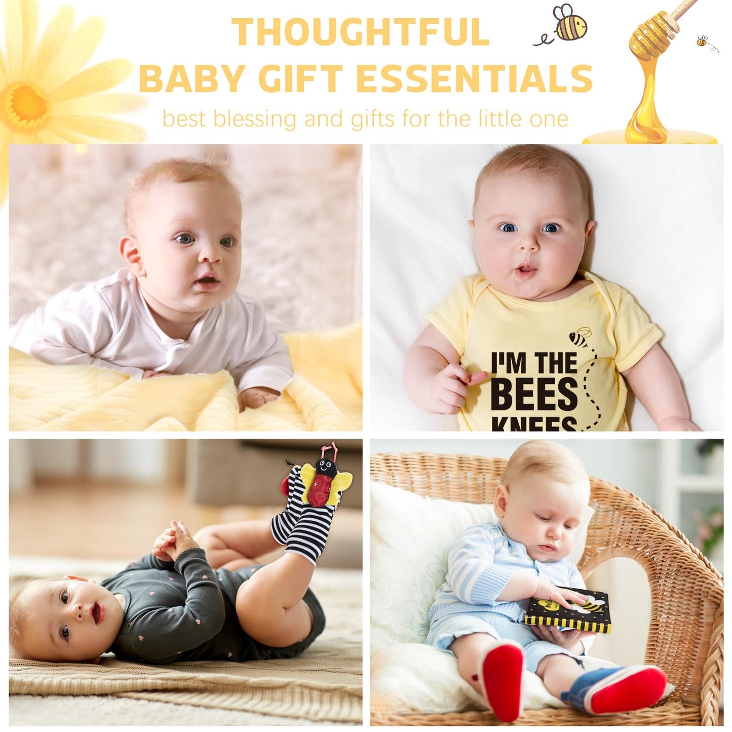 iAOVUEBY Baby Gift Set for Newborn, Bee Baby Shower Gifts Basket, High Contrast Baby Book Toys 0-6 Months Infant Rattle Socks Blanket Hat Onesie Baby Gifts Essentials for Girls Boys
