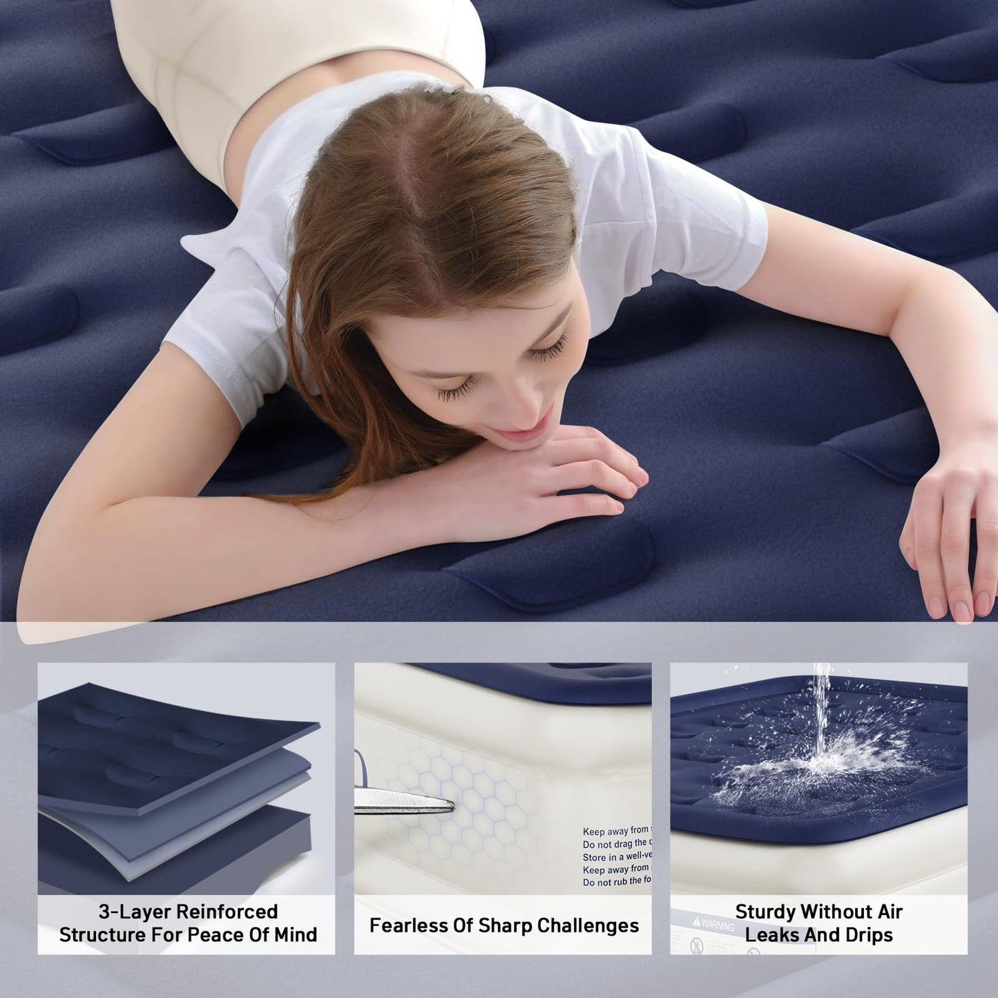 KNZZO Air Mattress Full with Built-in Pump, Blow Up Mattress with Soft Flocked Top, Leakproof Inflatable Mattress, Foldable Waterproof Air Bed for Home, Guests, Camping, with Storage Bag