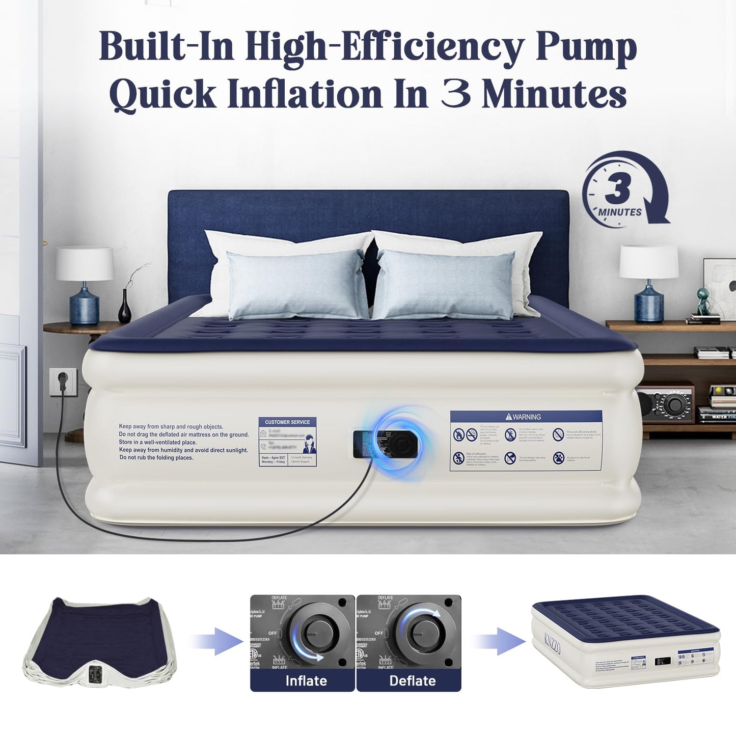 KNZZO Air Mattress Queen with Built-in Pump, Blow Up Mattress with Soft Flocked Top, Leakproof Inflatable Mattress, Foldable Waterproof Air Bed for Home, Guests, Camping, with Storage Bag