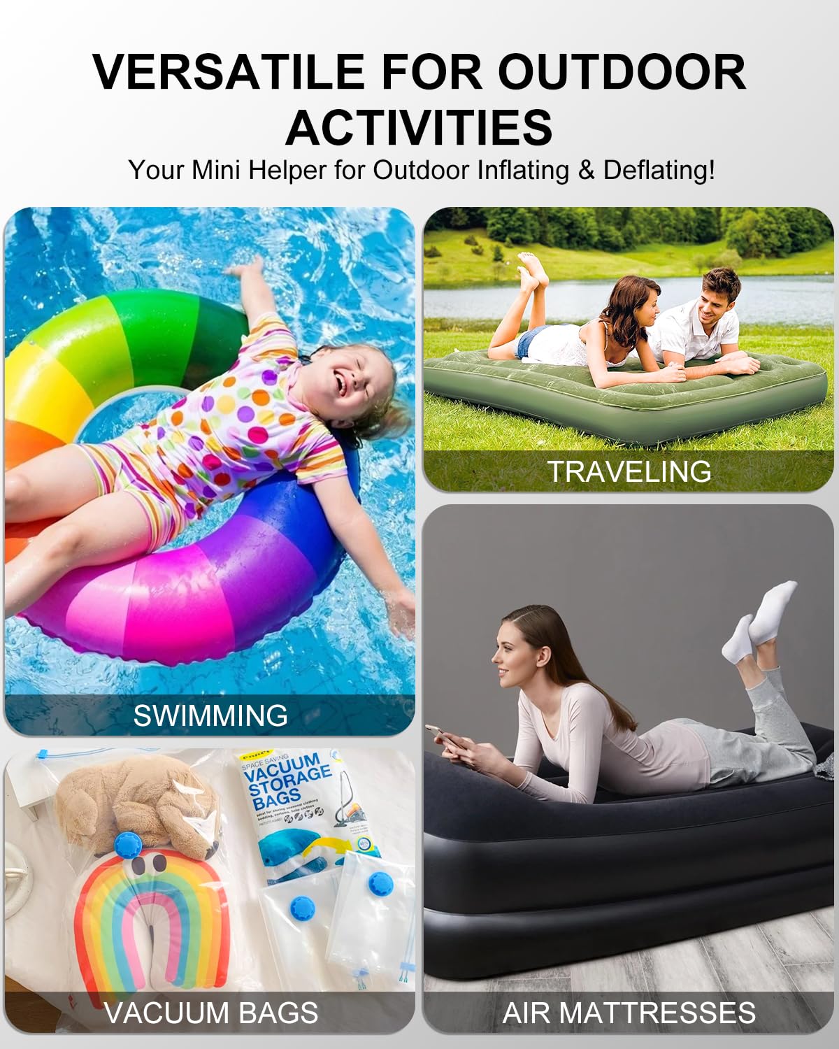 Portable Pool Inflatable Air Pump - 5kPa Upgrade Electric Camping Travel Vacuum Mini Inflator Pump for Inflatables - Battery Mattress Bed Small Float Pump - Tiny Rechargeable Pumps for Storage Bags
