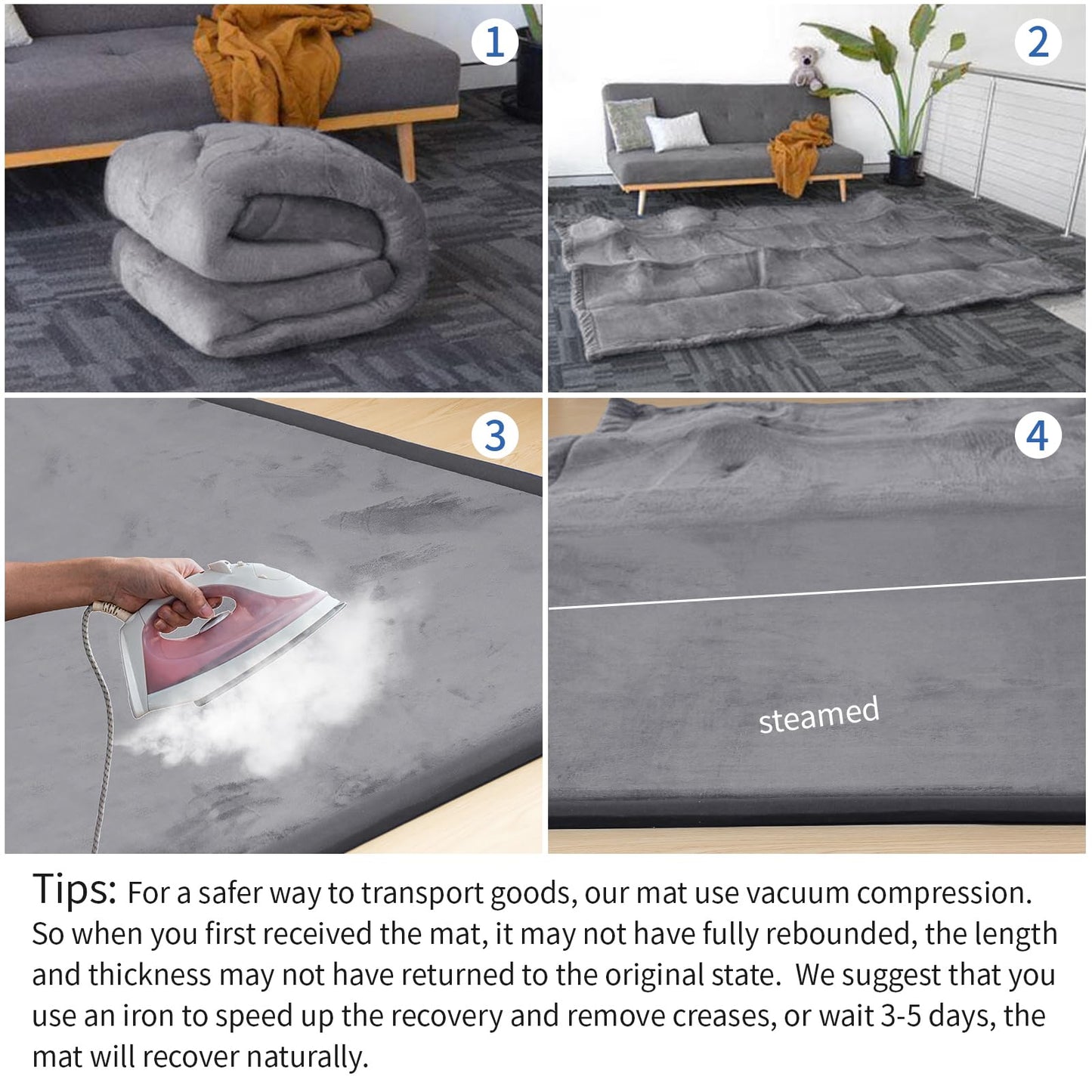 Huloo Sleep Ultra Soft Baby Play Mat for Floor,1.3" Thick Elasti-Foam 50x50 Playpen Mat for Toddlers Infant kids,Water-Repellent Coral Velvet for Tummy Time,Non-Slip Backing Safe for Crawling,Tatami Style (Dark Grey)