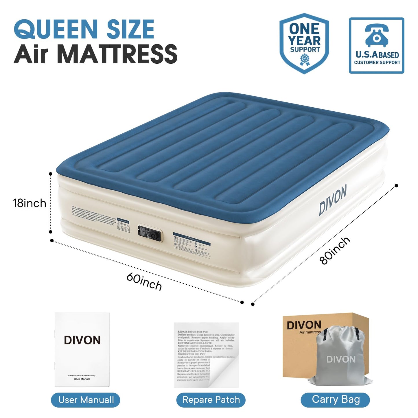 DIVON Air Mattress Queen with Built in Pump,18'' Raised Self Inflatable Mattress,Foldable Blow Up Mattress in 3 Mins,Portable Air Bed for Camping,Travel&Floor,Queen Size Air Matress for Adults,660lbs