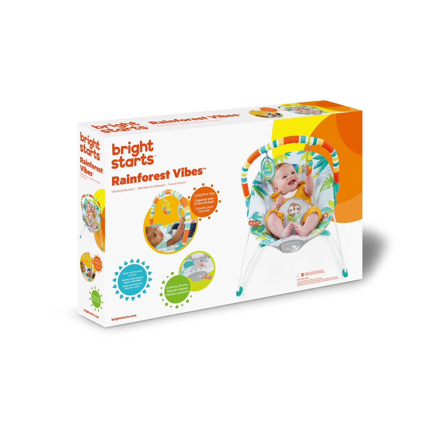 Bright Starts Baby Bouncer Soothing Vibrations Infant Seat - Removable -Toy Bar, Nonslip Feet, 0-6 Months Up to 20 lbs (Rainforest Vibes)