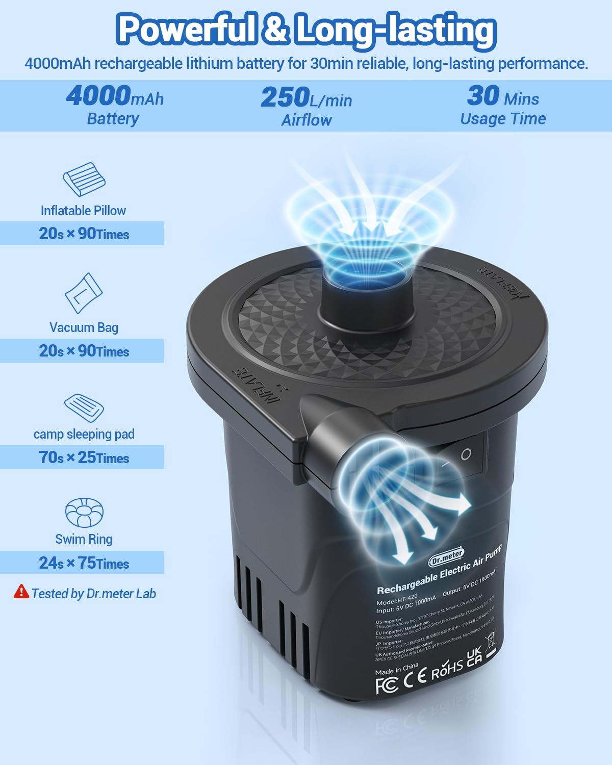 Dr.meter Air Pump for Inflatables, Rechargeable 4000mAh Battery Air Mattress Pump - Portable Quick-Fill Inflator Deflator for Outdoor Camping Inflatable Pool Float Boat Raft Yoga Ball Swim Ring Airbed