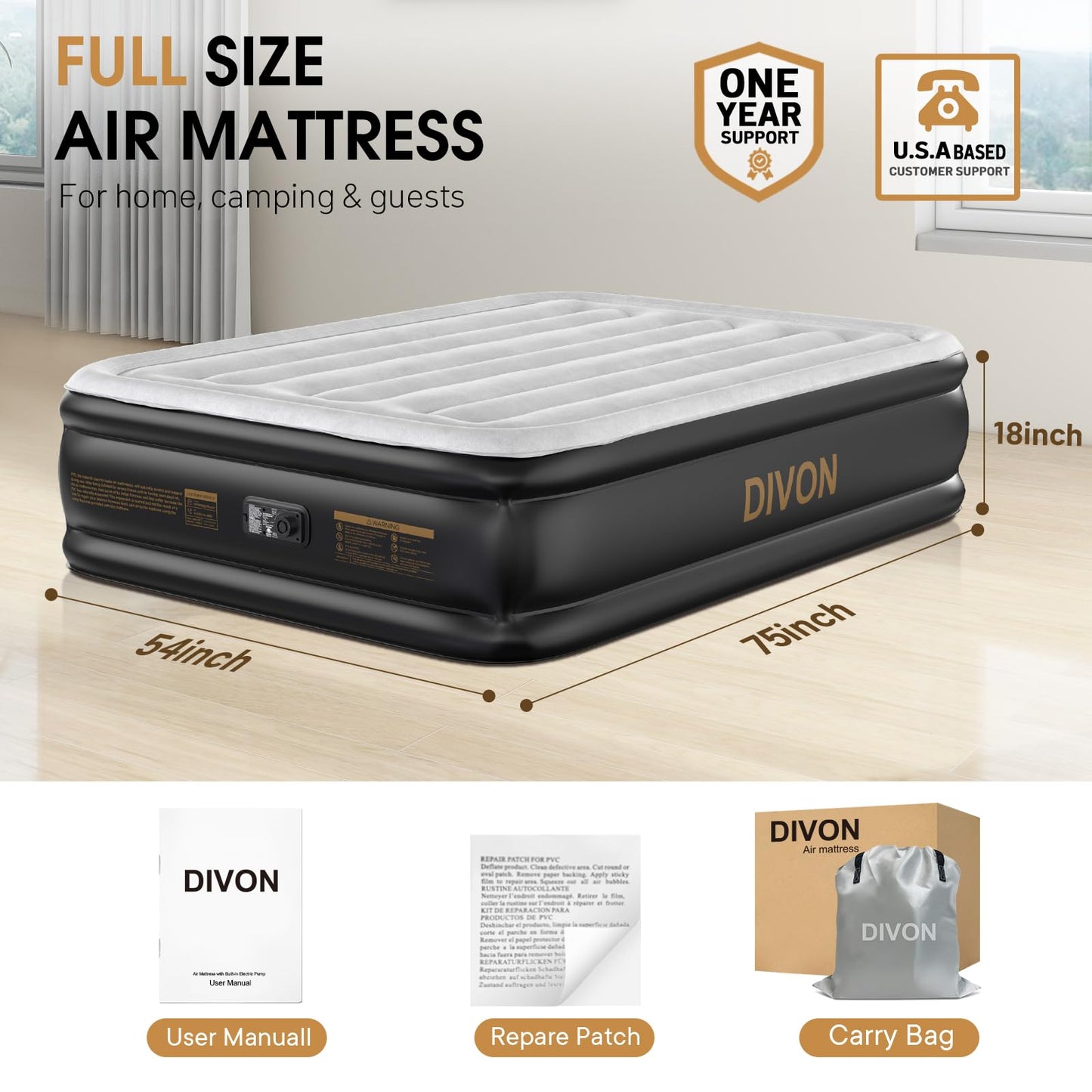 DIVON Air Mattress Full with Built in Pump,18’’High Blow Up Mattress Full with Wave Pattern,Self Inflation/Deflation Mattress in 3 Mins, Air Bed for Home&Camping,660lbs