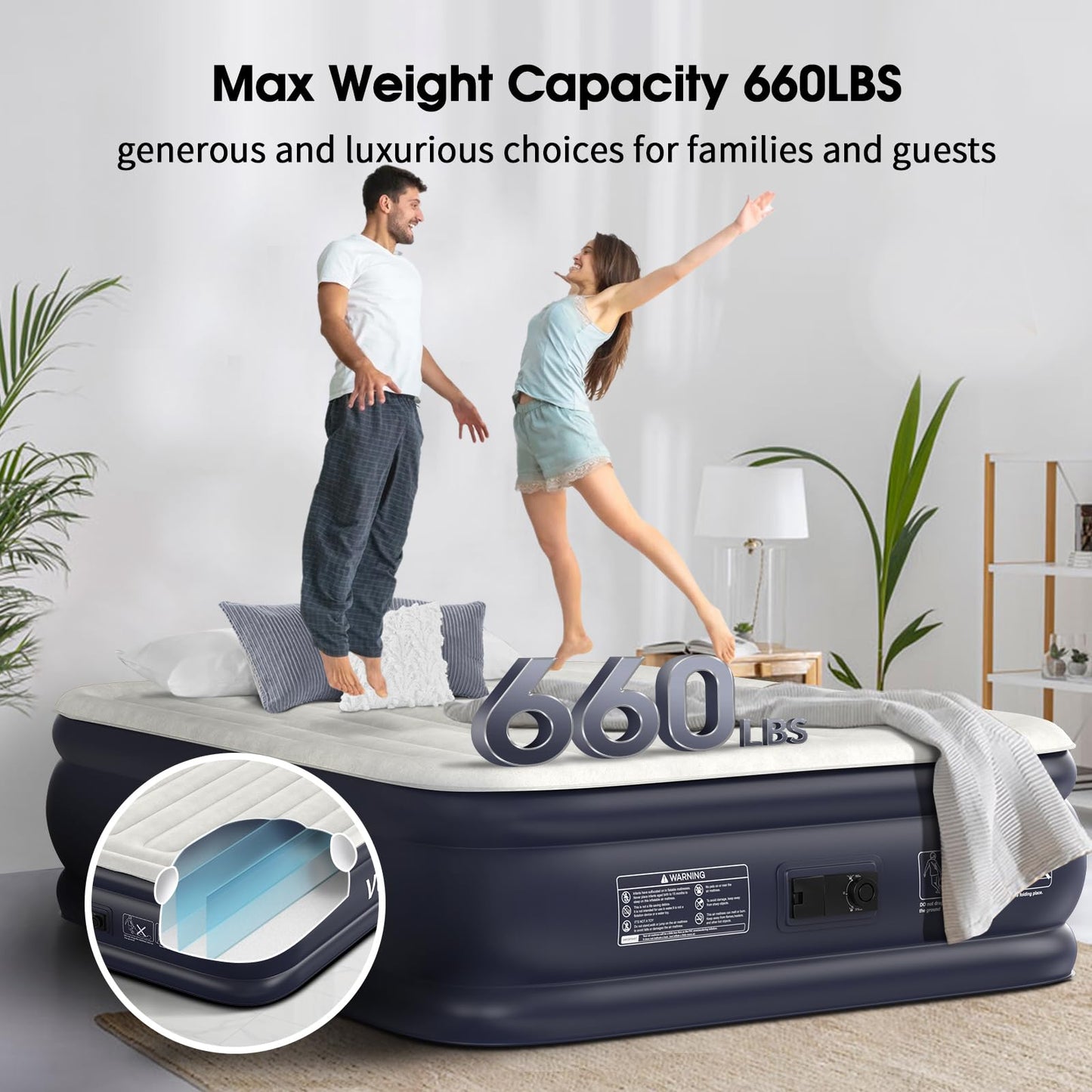VOSSER Air Mattress Full with Built in Pump,18''Inflatable Mattress of Upgraded Vertical Beams,Self Inflatable/Deflation Blow Up Mattress in 3 Mins,Flocked Top Airbed with Carry Bag for Home, Camping