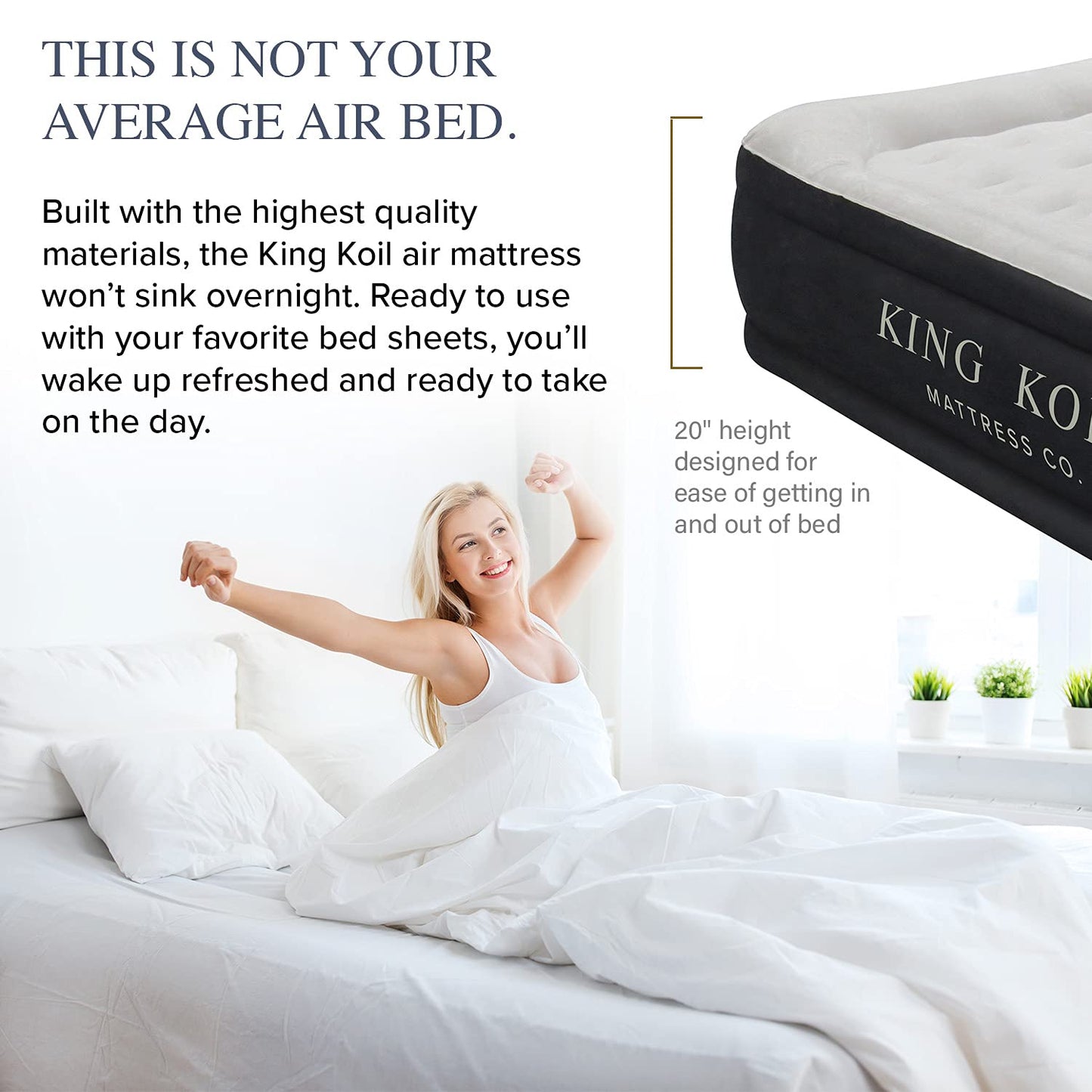 King Koil Luxury Queen Size Air Mattress with Built-in High-Speed Pump, 20" Adjustable Double High Premium Pillow Top Inflatable Airbed for Guests, Camping & Home (Manufacturer Warranty)