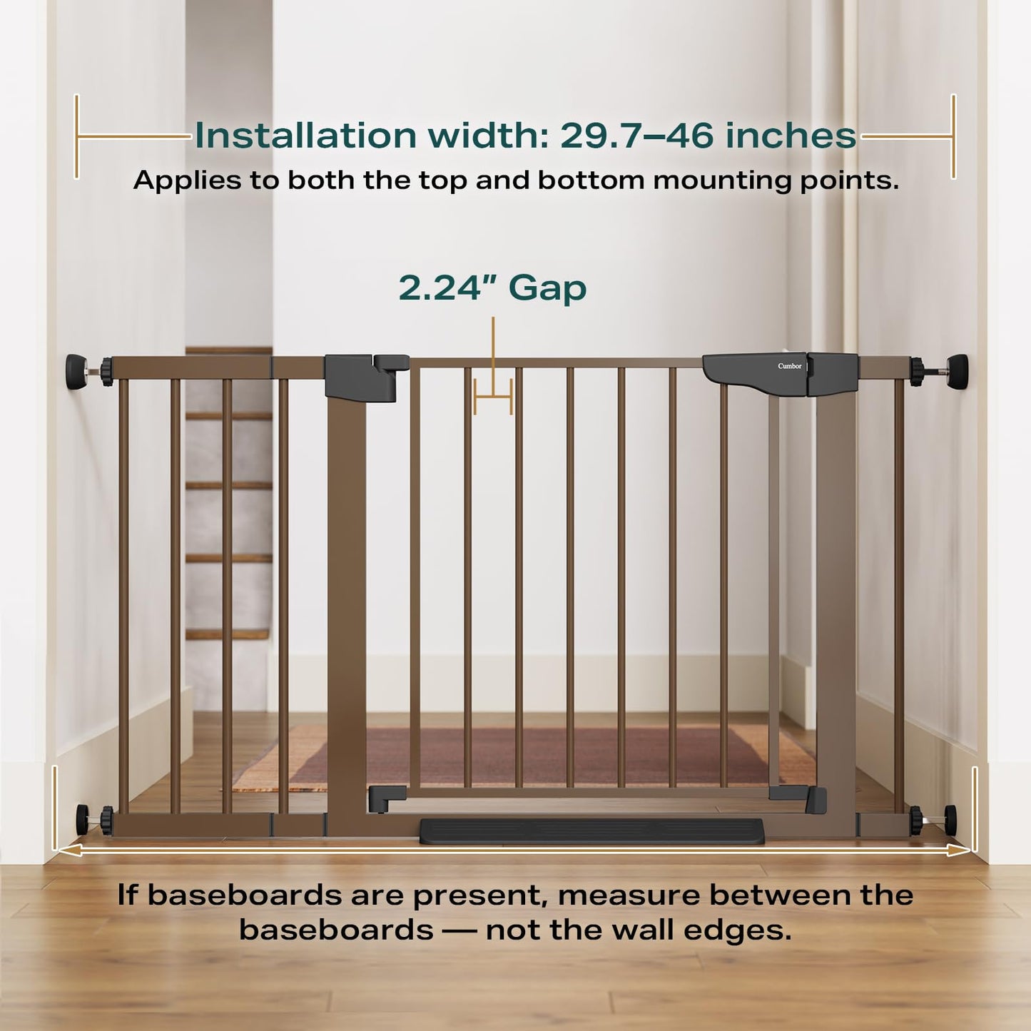 Cumbor 29.7-46" Baby Gate for Stairs, Mom's Choice Awards Winner-Auto Close Dog Gate for the House, Easy Install Pressure Mounted Pet Gates for Doorways, Easy Walk Thru Wide Safety Gate for Dog, Brown