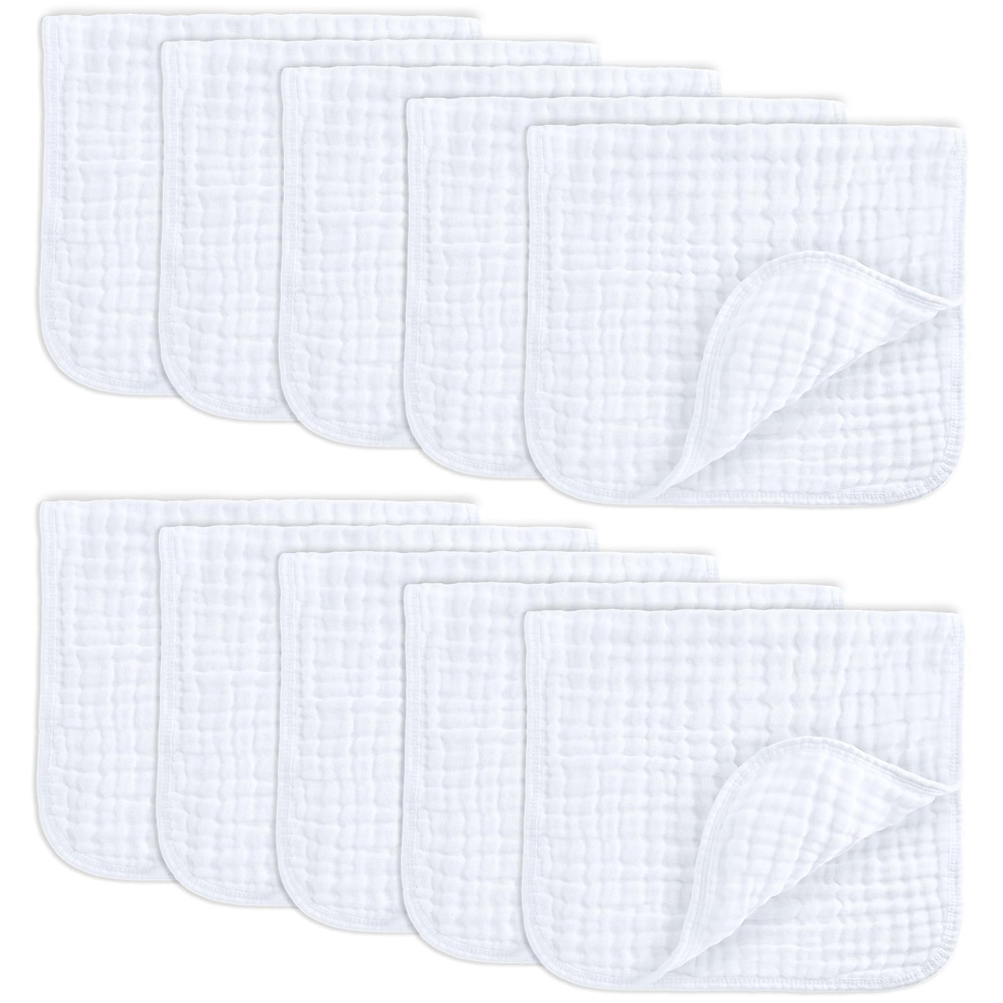 Comfy Cubs Muslin Burp Cloths 20" x 10", Pack of 10 - Large, 6-Layer, Ultra Absorbent 100% Cotton for Baby Drool and Messes - Soft, Safe & Gentle Baby Burp Cloths for Boys & Girls - White